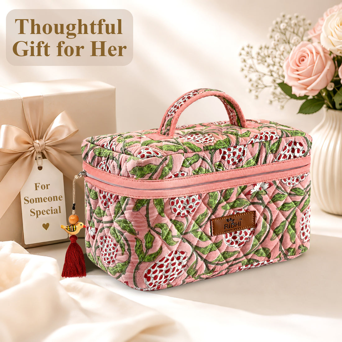 Strawberry Pink Block Print Quilted Cosmetic Bag