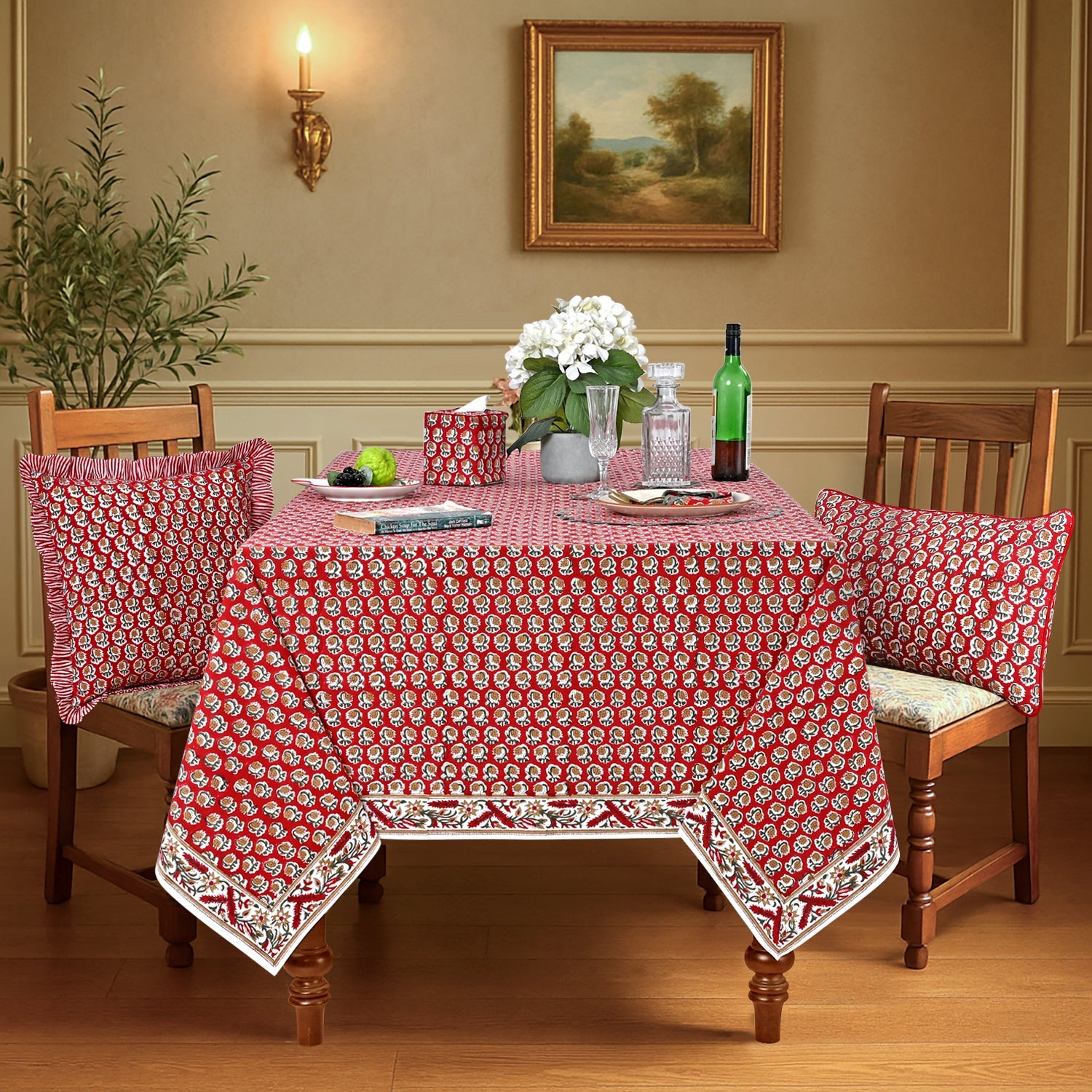 Chocolate Cosmos Red Rectangle Tablecloth Ridhi Block Print