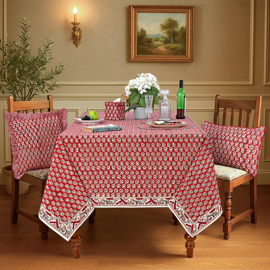 Chocolate Cosmos Red Rectangle Tablecloth Ridhi Block Print