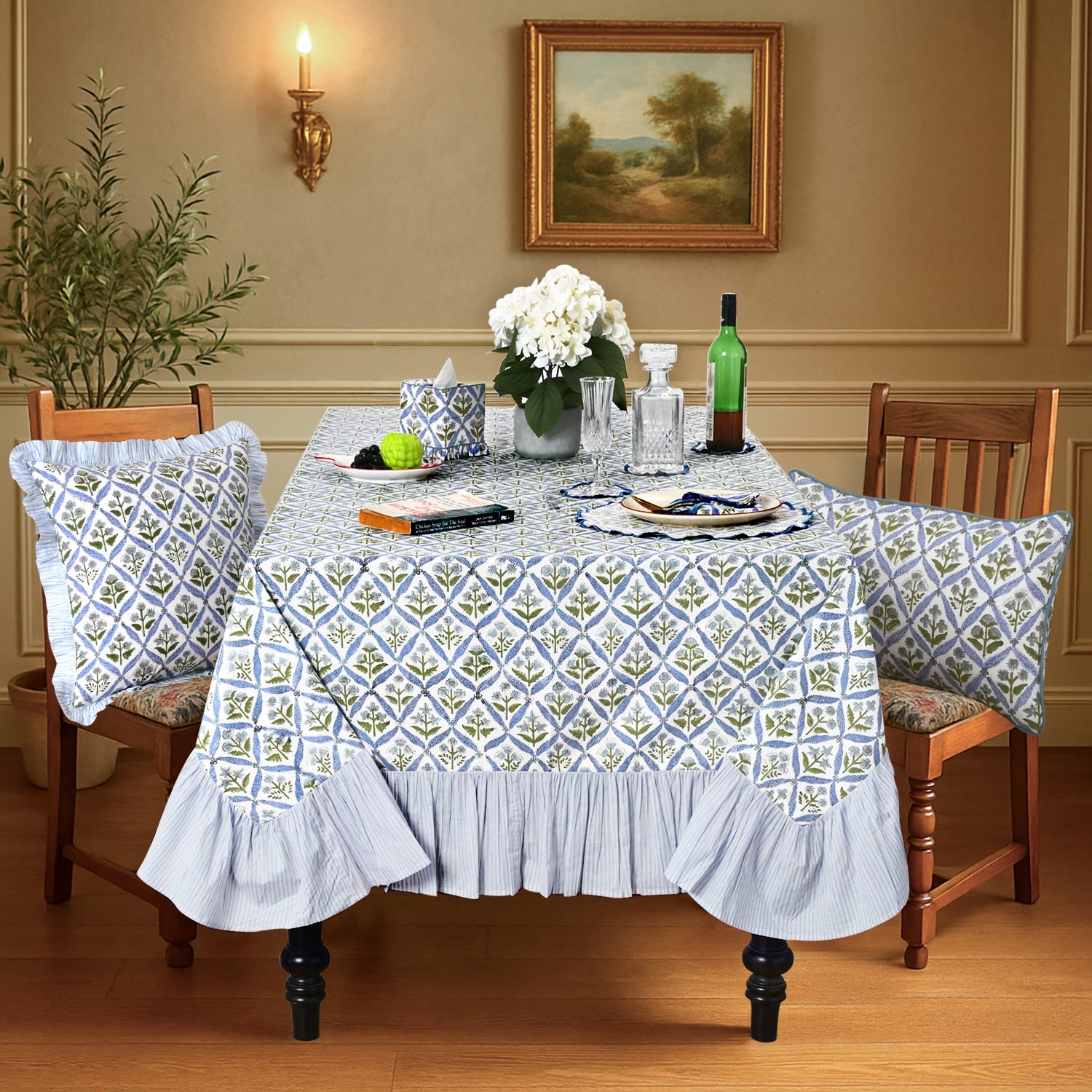 Light Steel Blue Ruffle Rectangle Tablecloth Ridhi Block Print