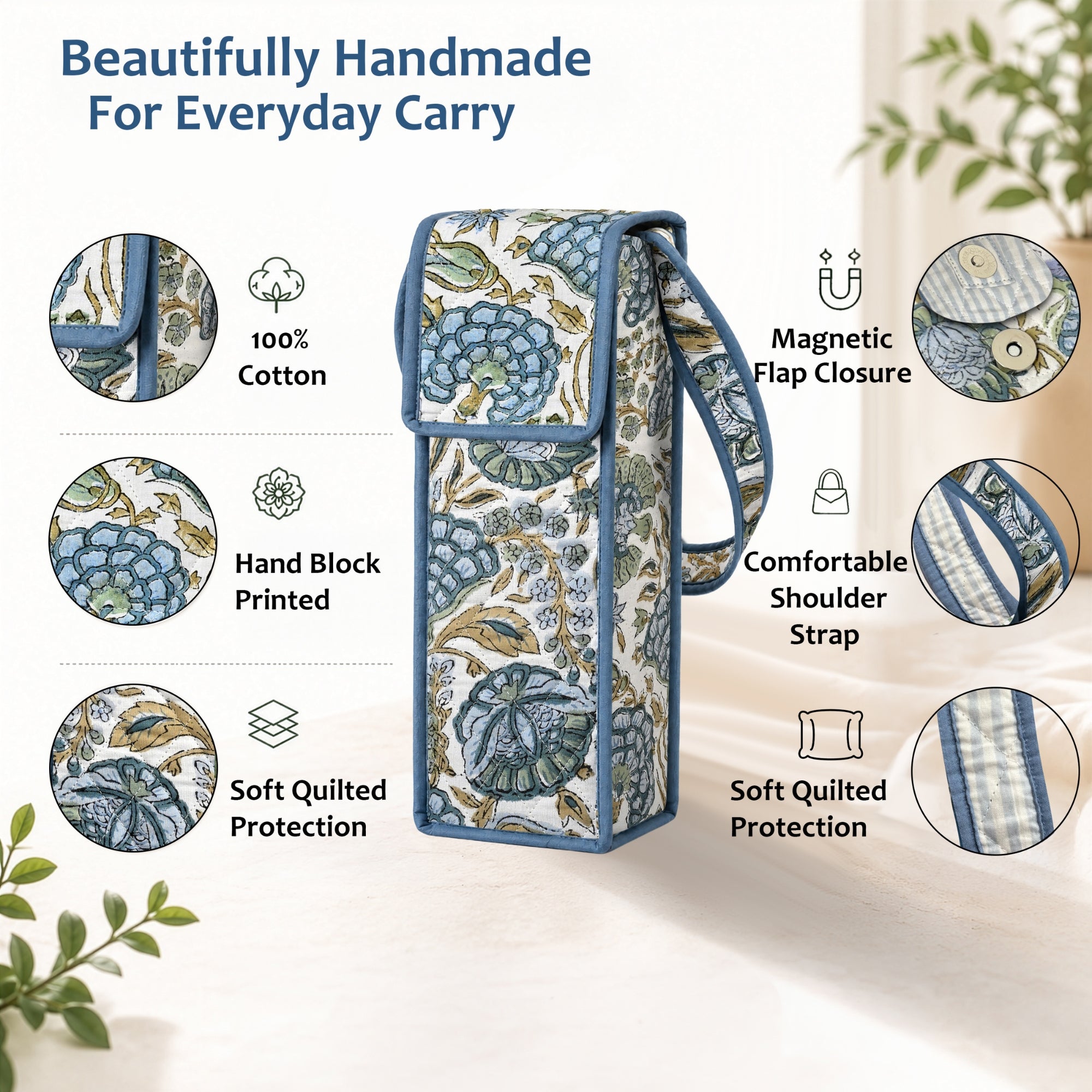 Asparagus Green Block Print Quilted Water Bottle Holder Bag RIDHI