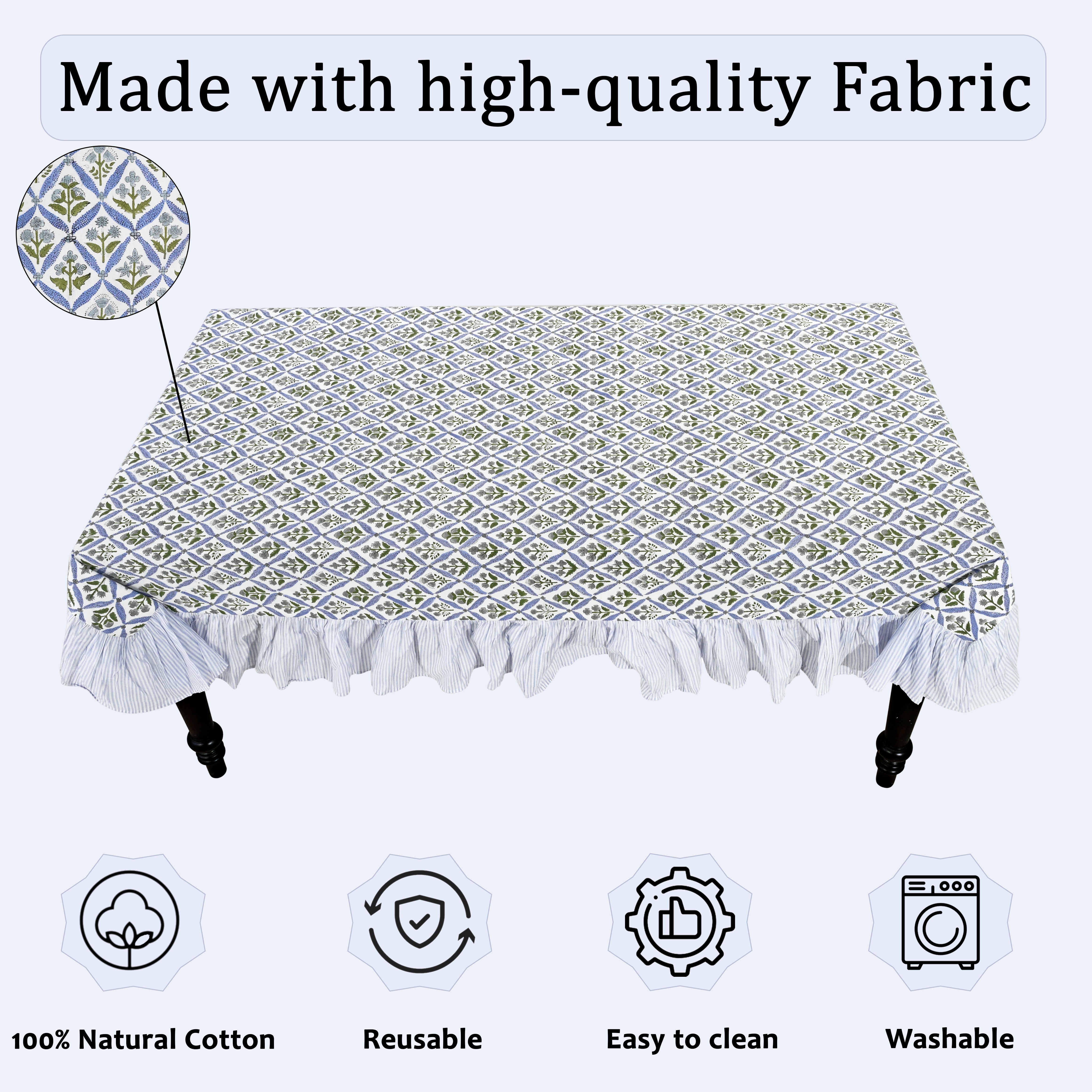 Light Steel Blue Ruffle Rectangle Tablecloth Ridhi Block Print