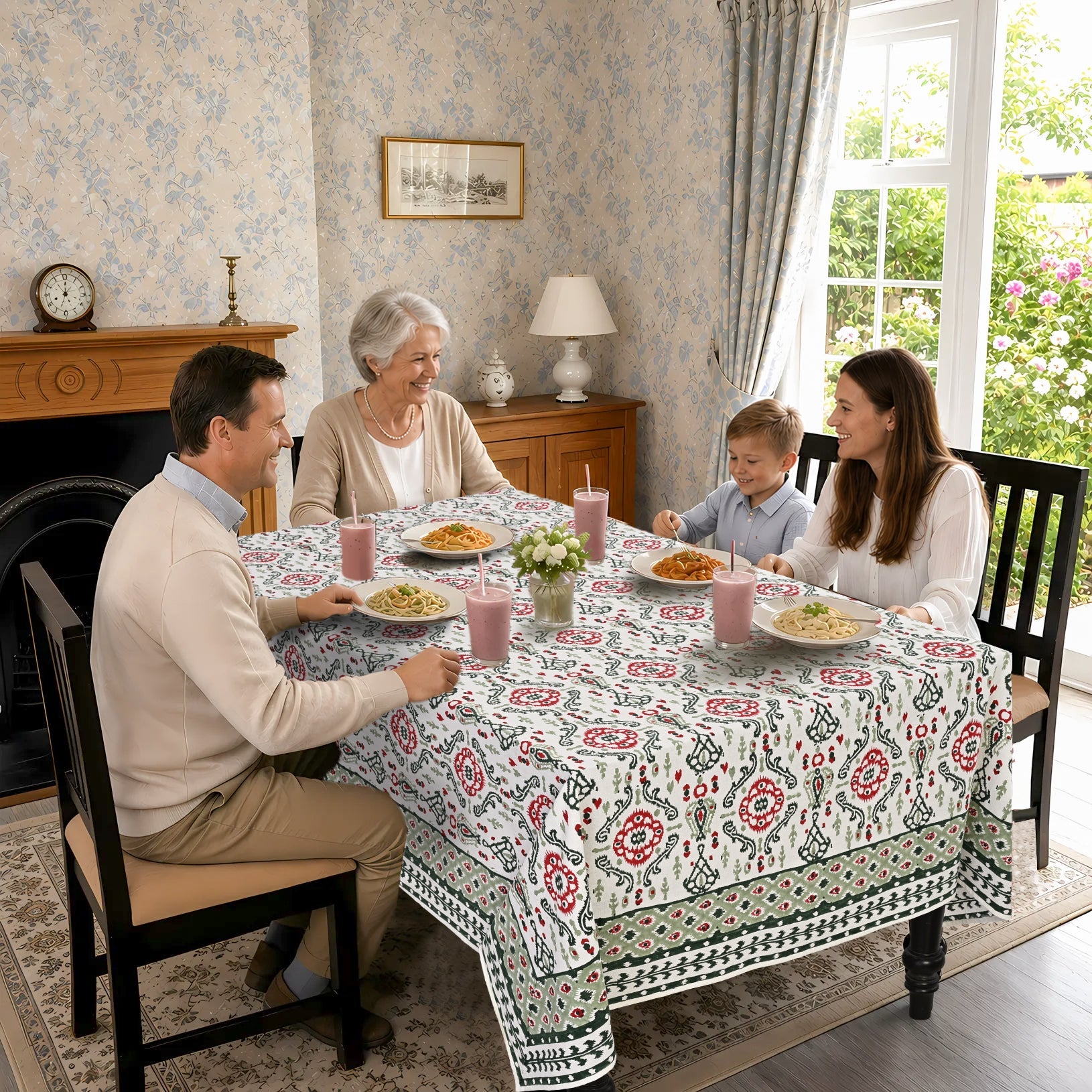 Evergreen Ikat & Red Square & Rectangle Tablecloth Ridhi Block Print