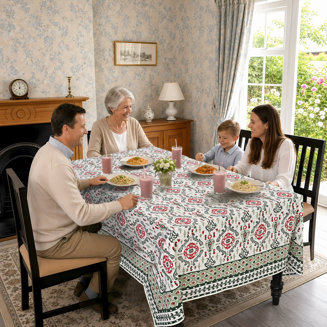 Evergreen Ikat & Red Square & Rectangle Tablecloth Ridhi Block Print