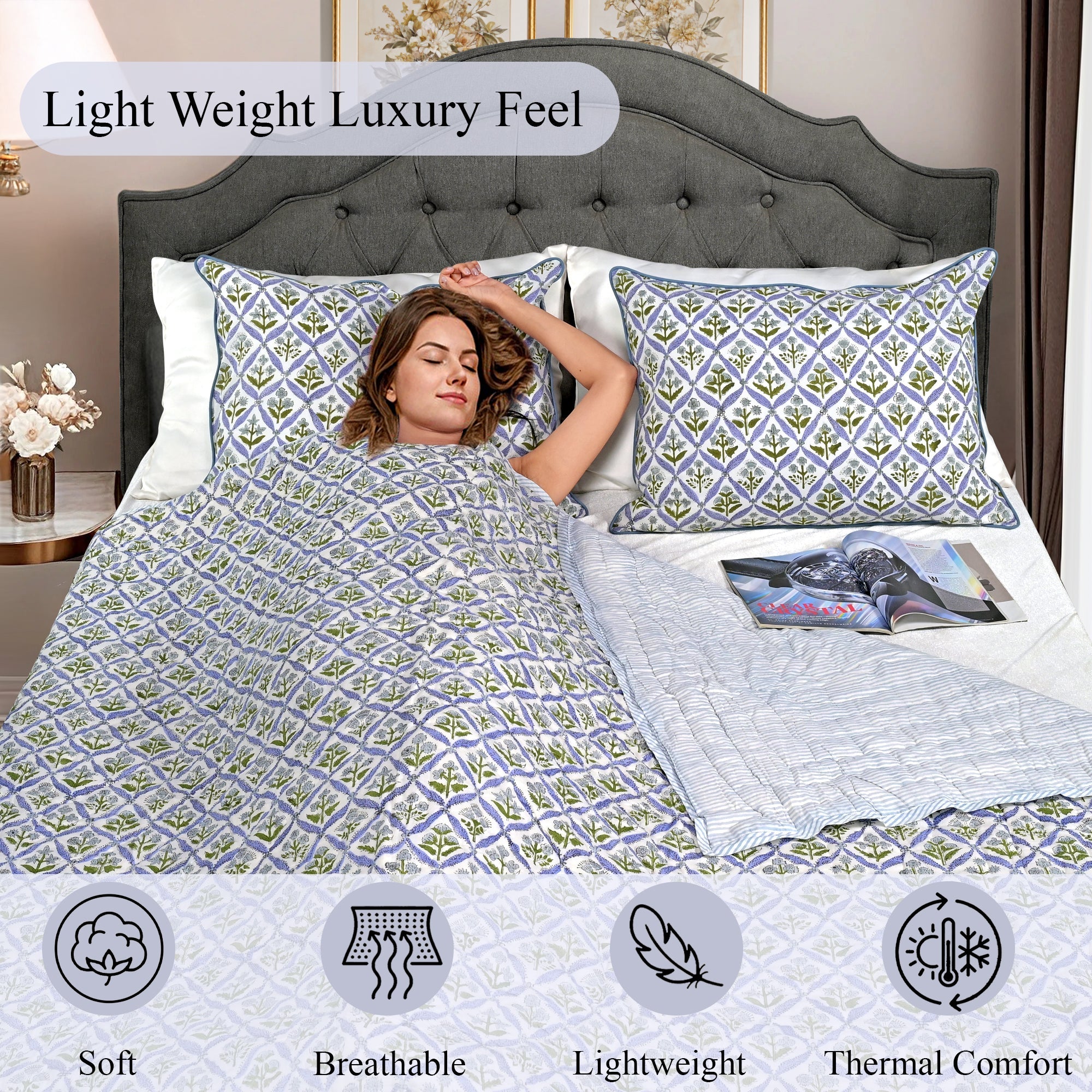 Light Steel Blue Quilt Ridhi Block Print