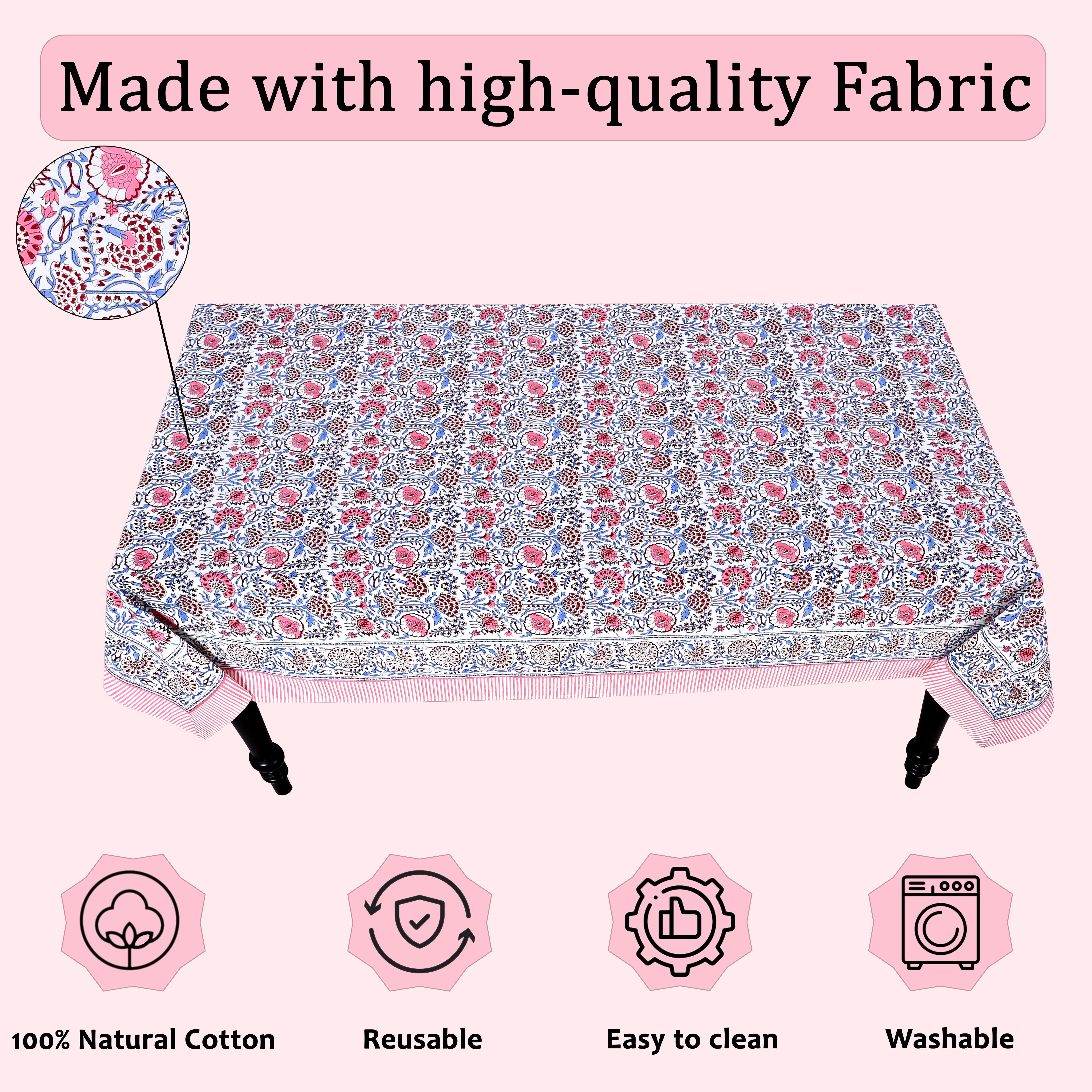 Pigeon Blue and Flamingo Pink Rectangle Tablecloth Ridhi Block Print