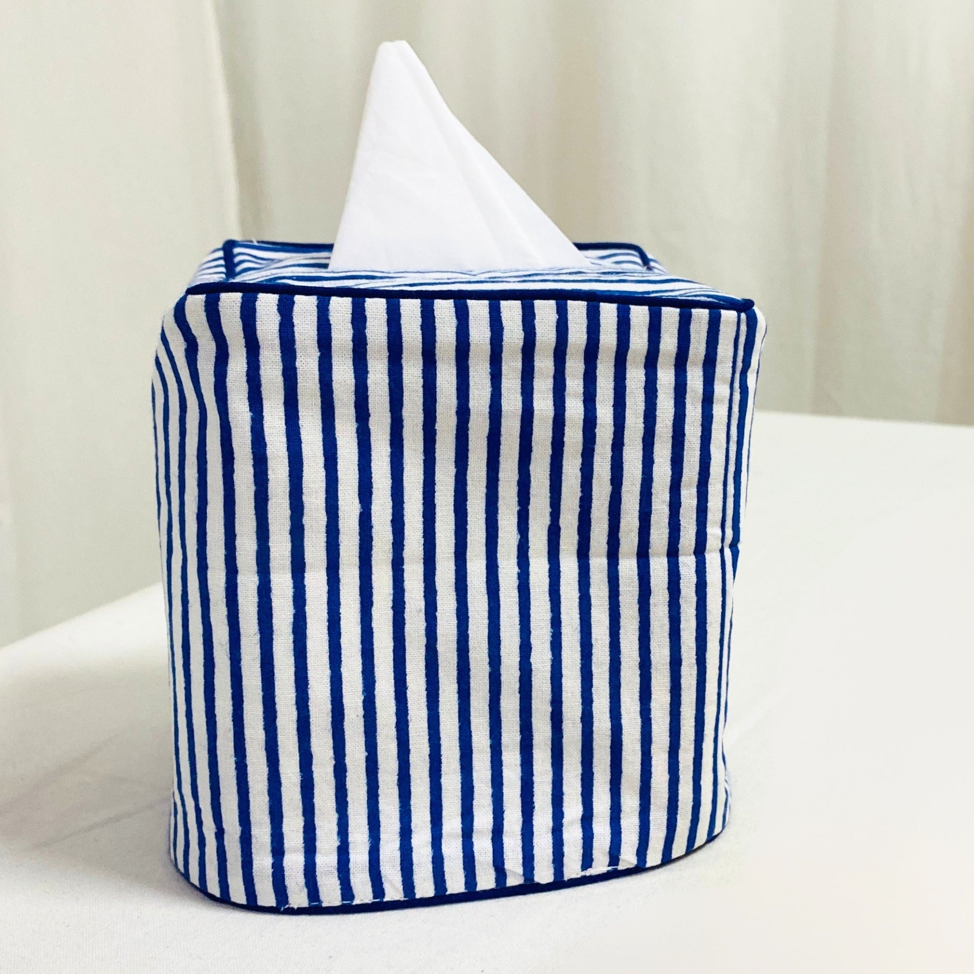 Navy Blue Striped Tissue Box Cover Ridhi Block Print