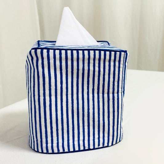 Navy Blue Striped Tissue Box Cover Ridhi Block Print