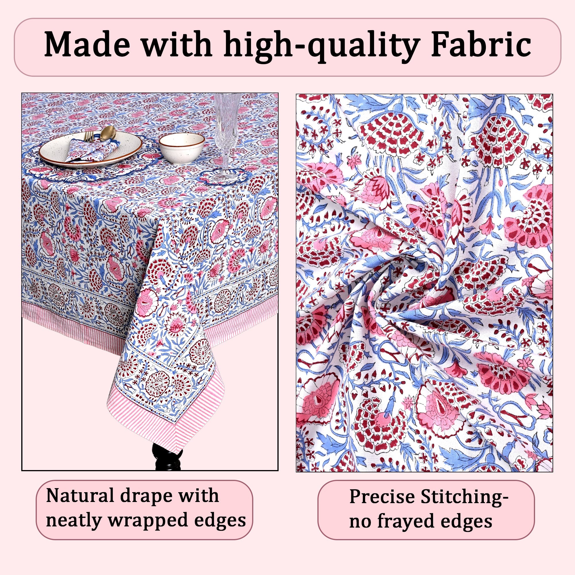Pigeon Blue and Flamingo Pink Rectangle Tablecloth Ridhi Block Print