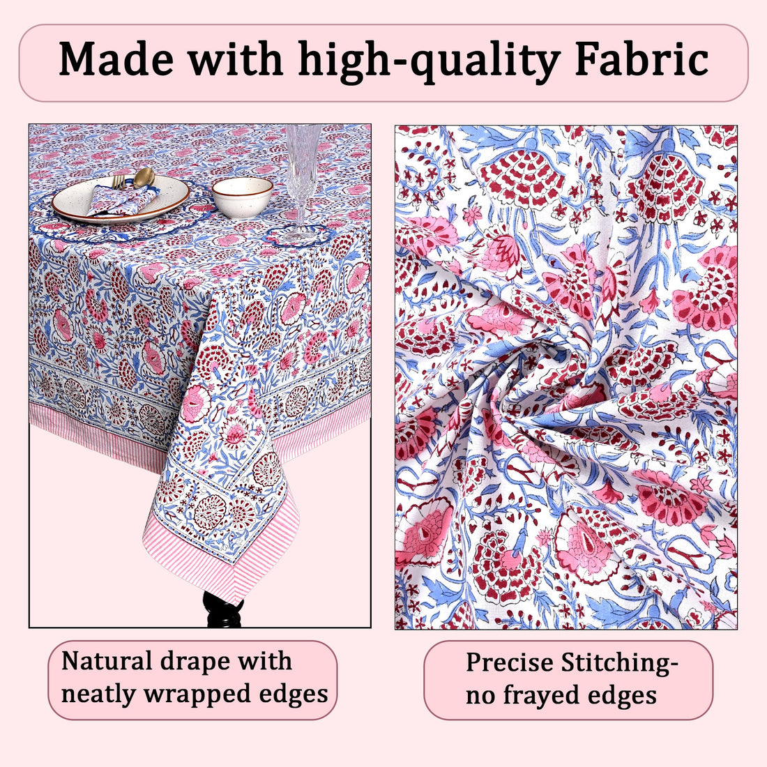 Pigeon Blue and Flamingo Pink Square & Rectangle Tablecloth Ridhi Block Print