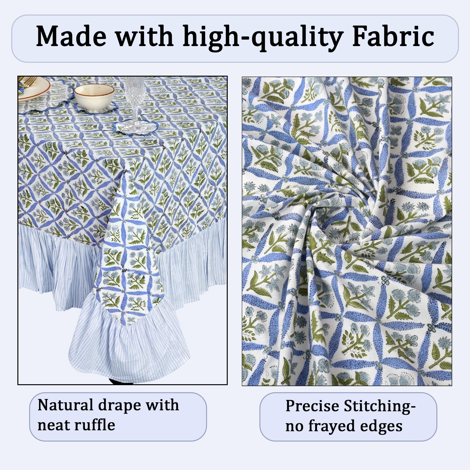 Light Steel Blue Ruffle Rectangle Tablecloth Ridhi Block Print