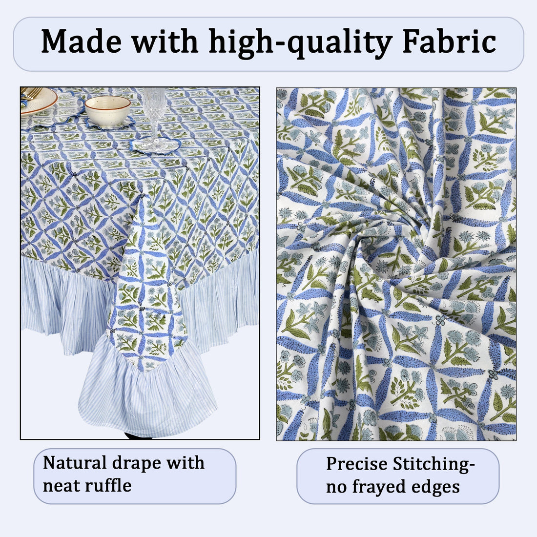 Ruffle Rectangle & Square Tablecloth - Light Steel Blue Ridhi Block Print