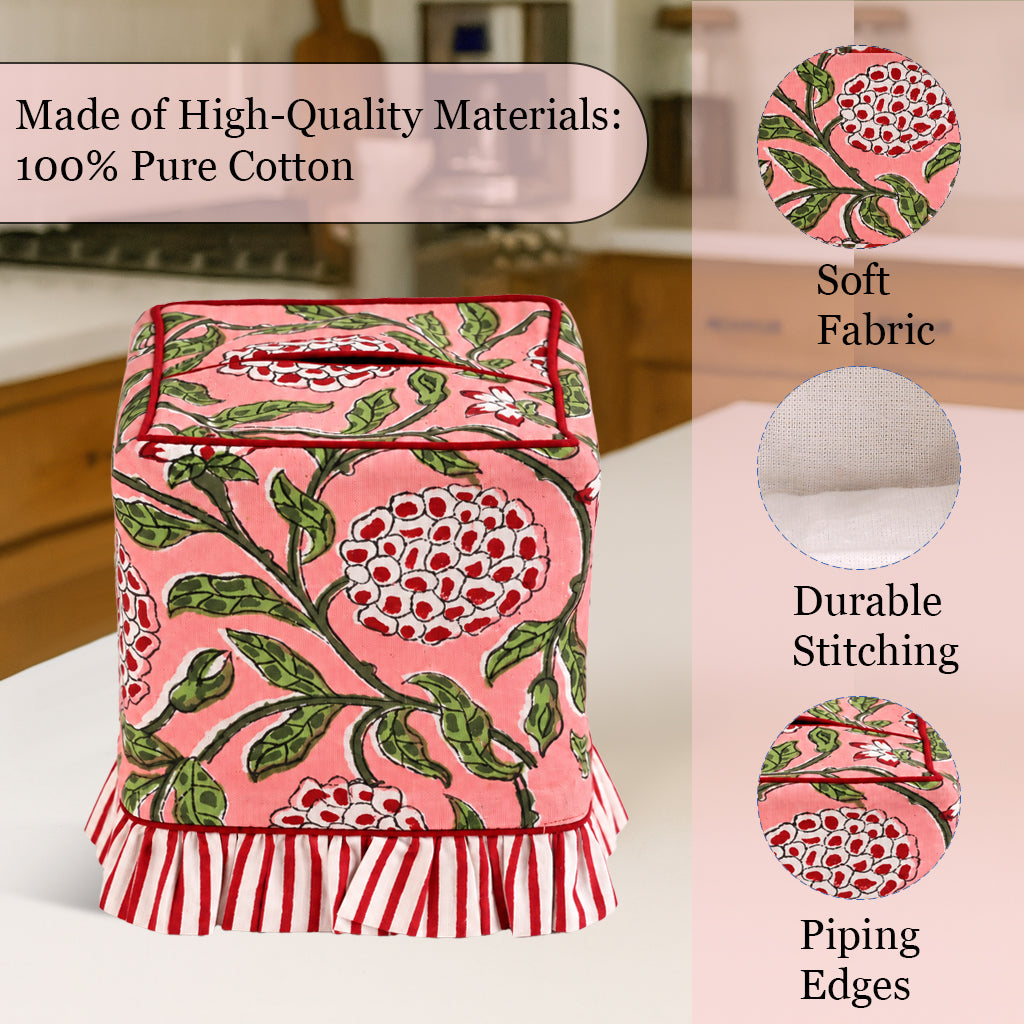Block Print Ruffle Tissue Box Cover - Strawberry Pink