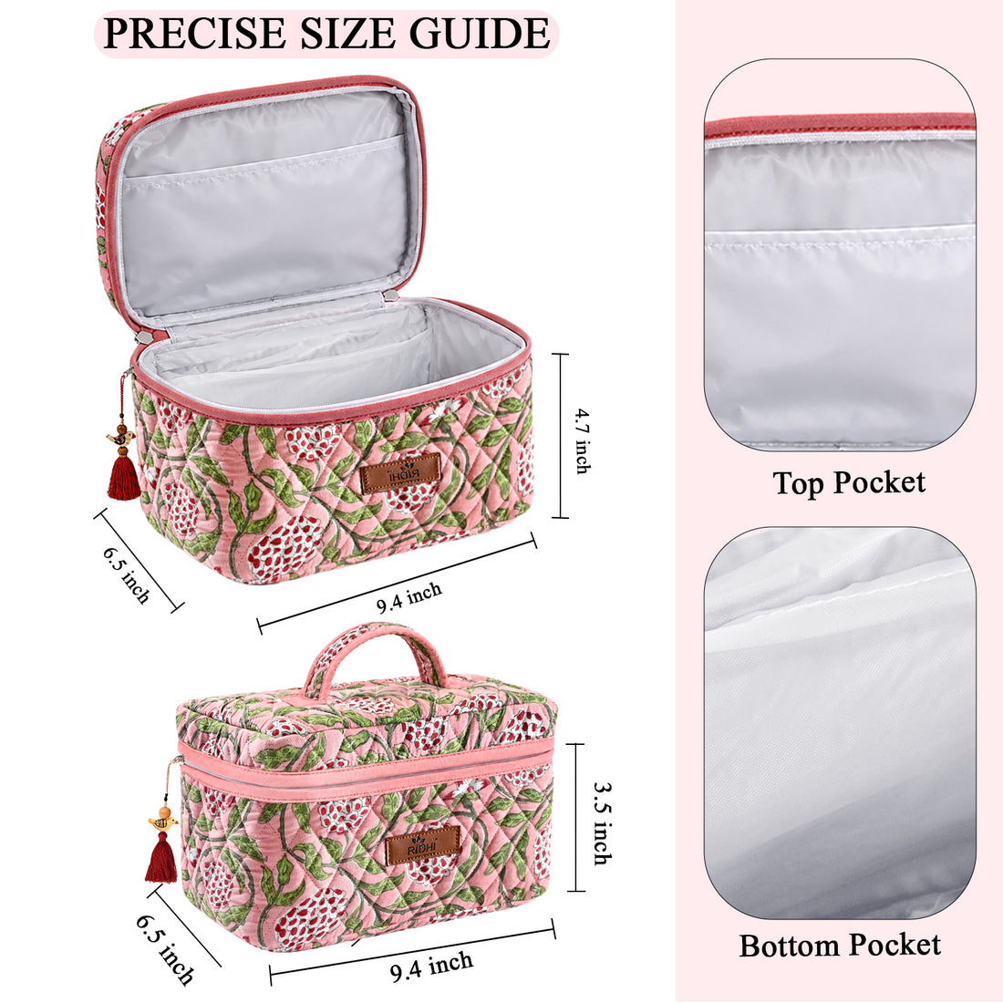 Strawberry Pink Block Print Quilted Cosmetic Bag