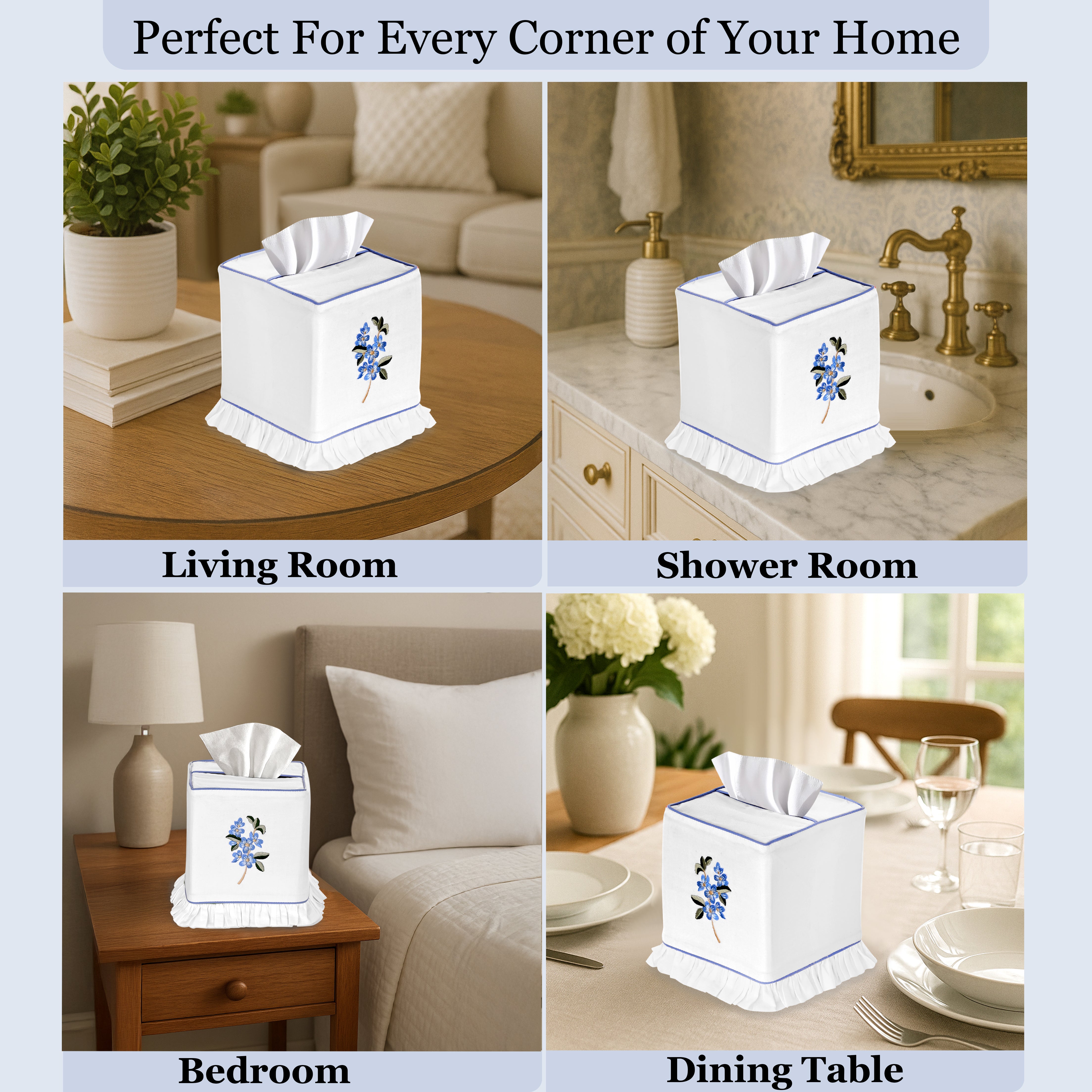 White tissue box with blue accents displayed in various home settings.