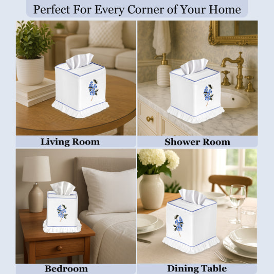 White tissue box with blue accents displayed in various home settings.