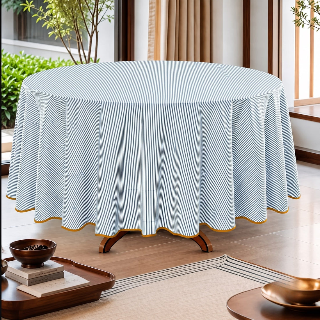 Blue Stripe With Yellow Scallop Pipping Round Tablecloth Ridhi Block Print