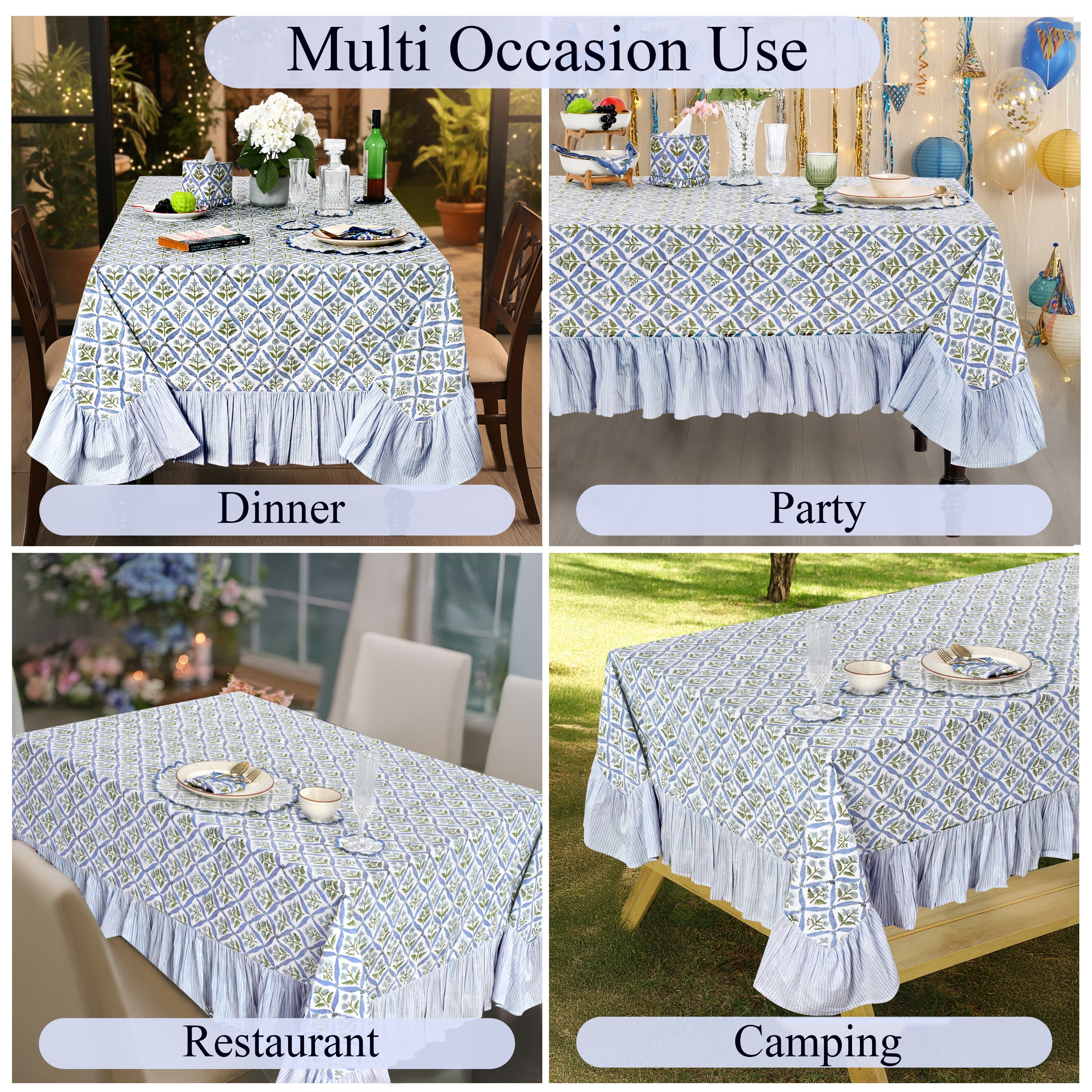 Light Steel Blue Ruffle Rectangle Tablecloth Ridhi Block Print