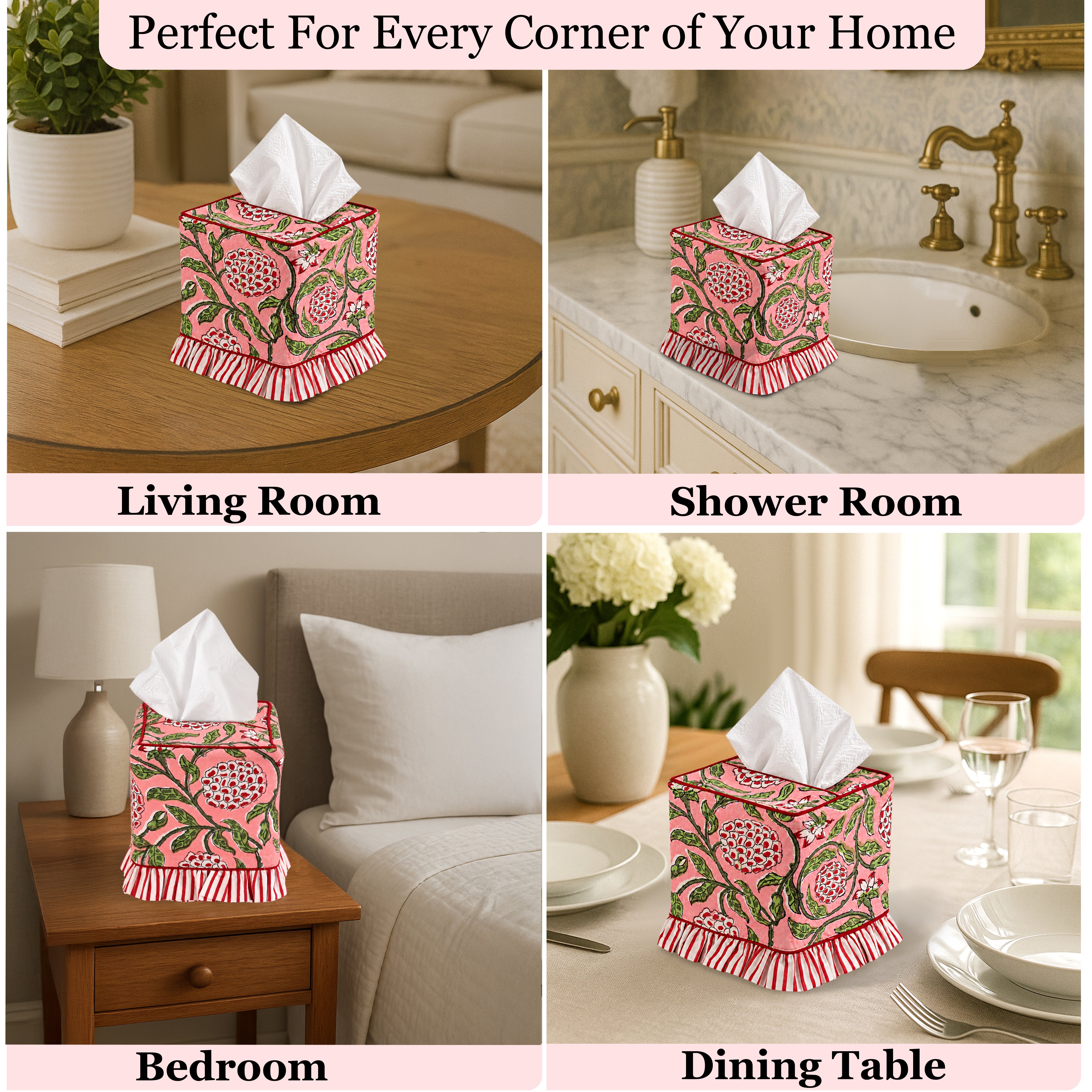 Block Print Ruffle Tissue Box Cover - Strawberry Pink