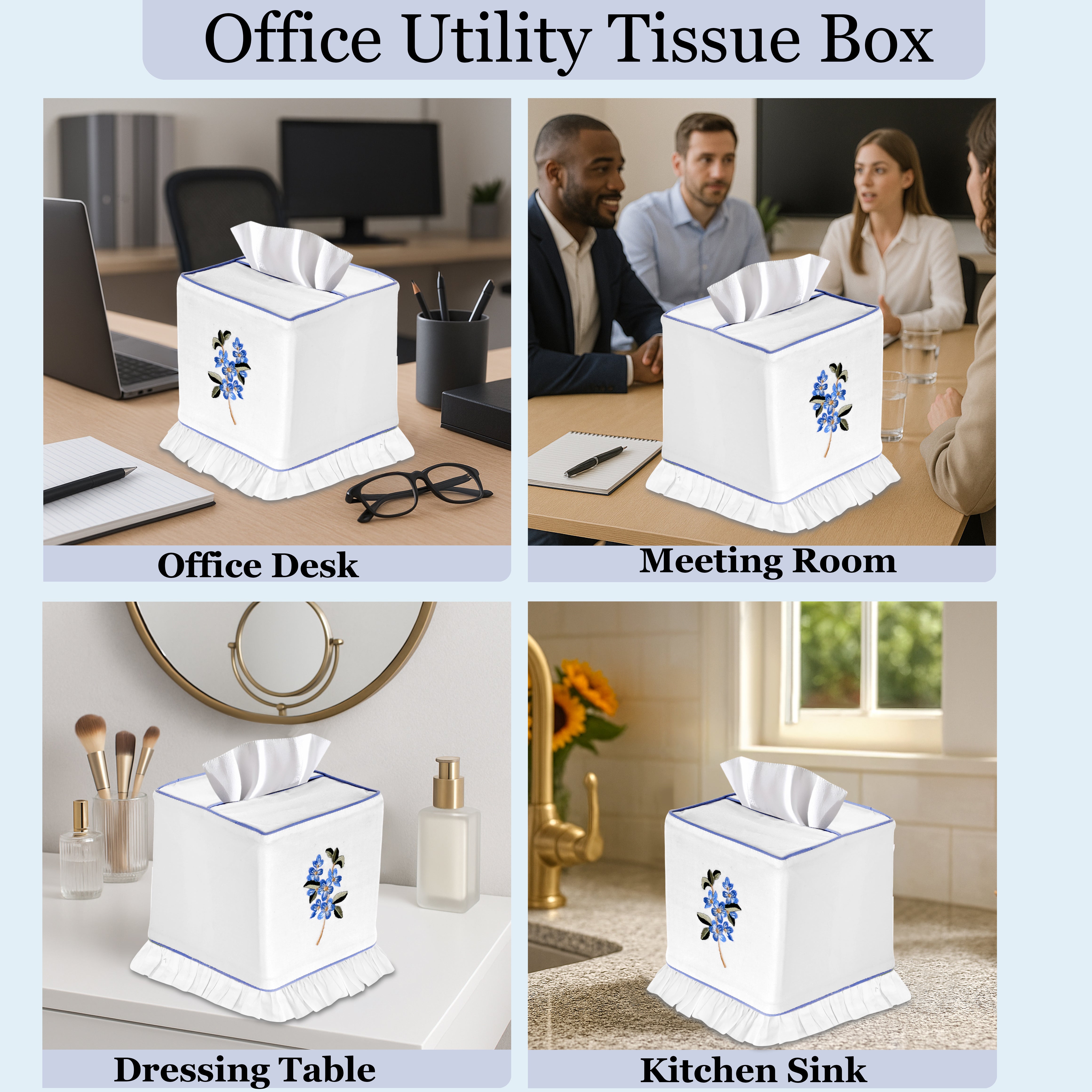 White office utility tissue box with floral design in various settings including an office desk, meeting room, dressing table, and kitchen sink.