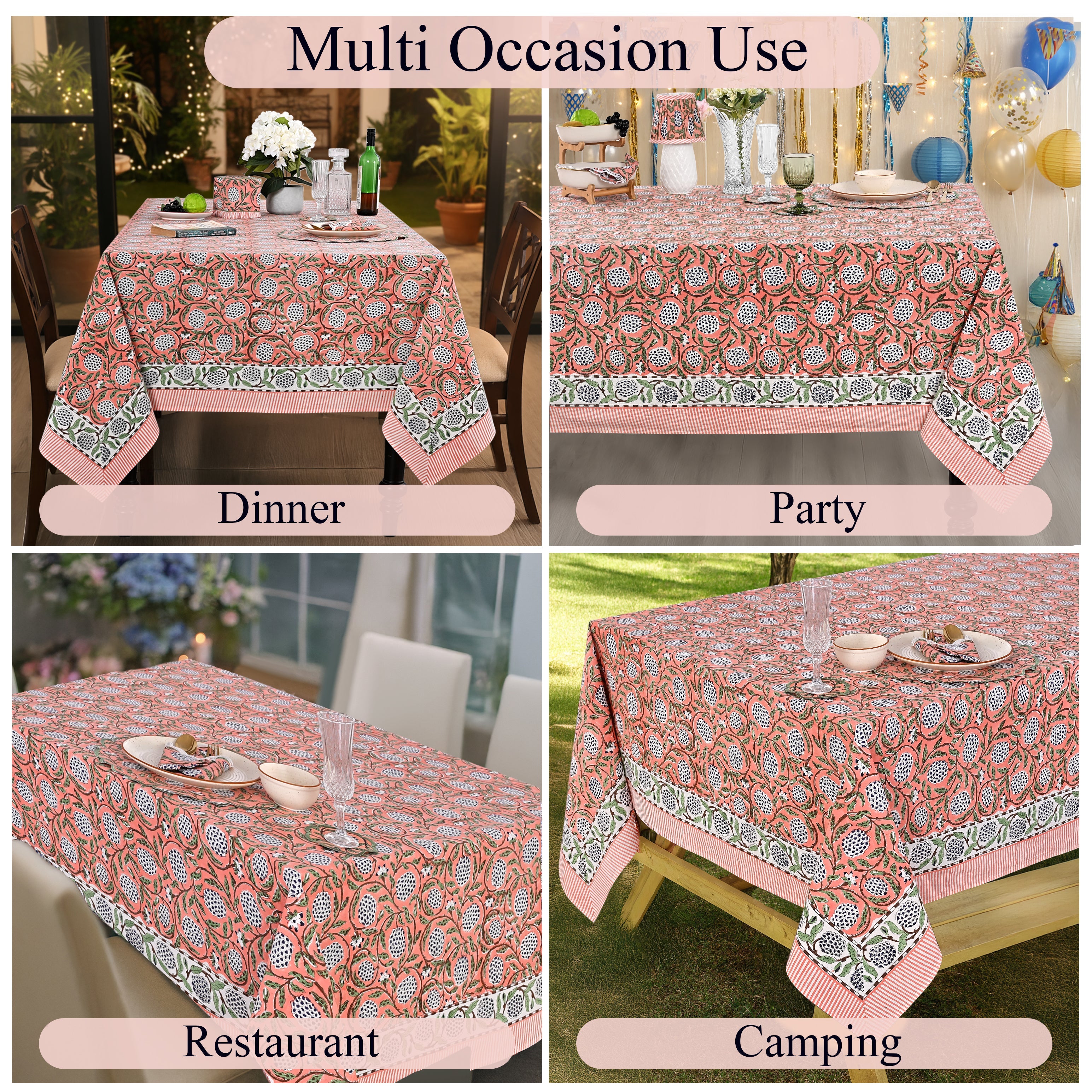 Dark Salmon Pink Square & Rectangle Tablecloth Ridhi Block Print