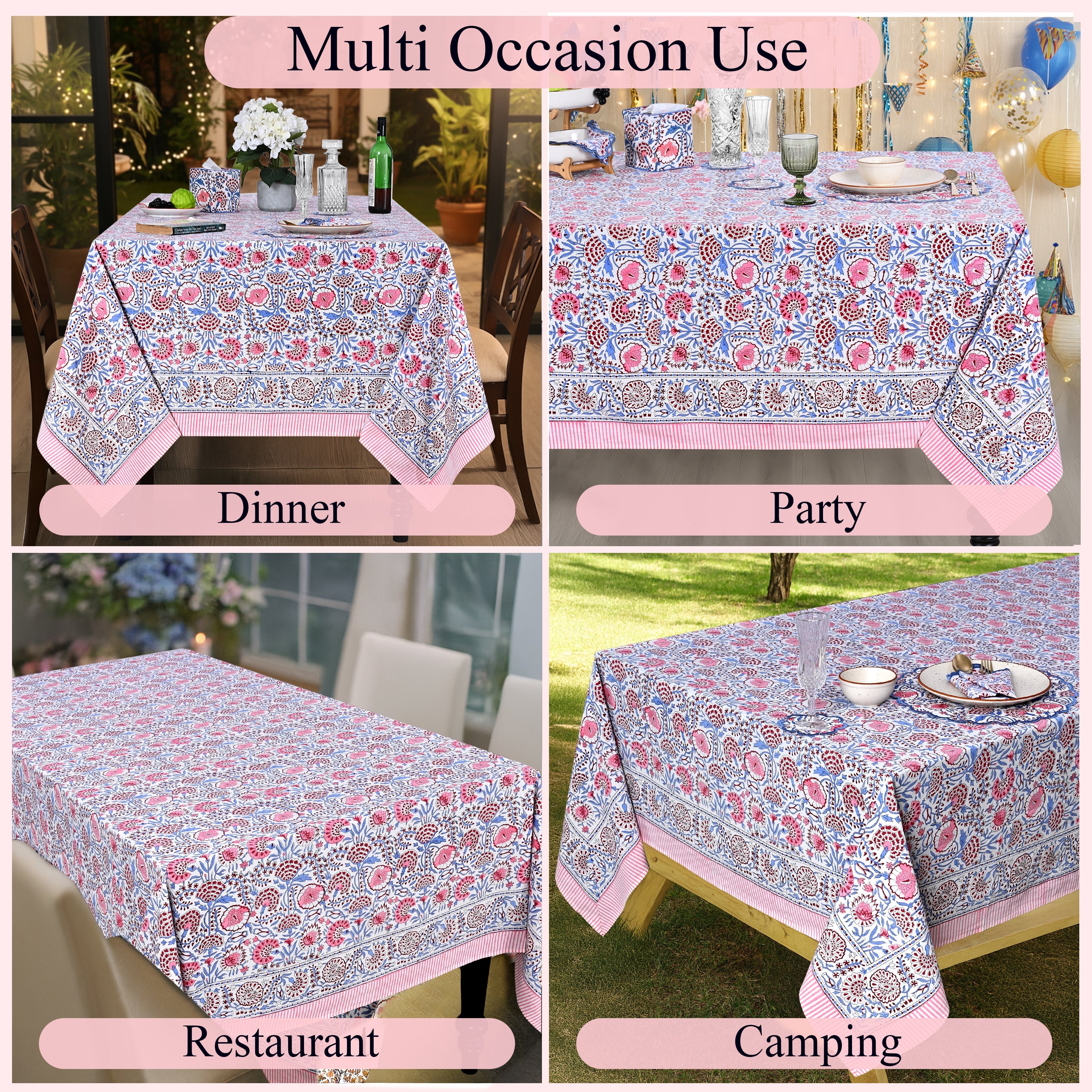 Pigeon Blue and Flamingo Pink Rectangle Tablecloth Ridhi Block Print