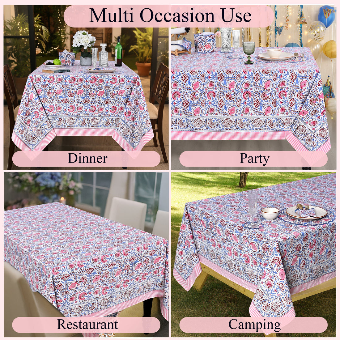 Pigeon Blue and Flamingo Pink Square & Rectangle Tablecloth Ridhi Block Print