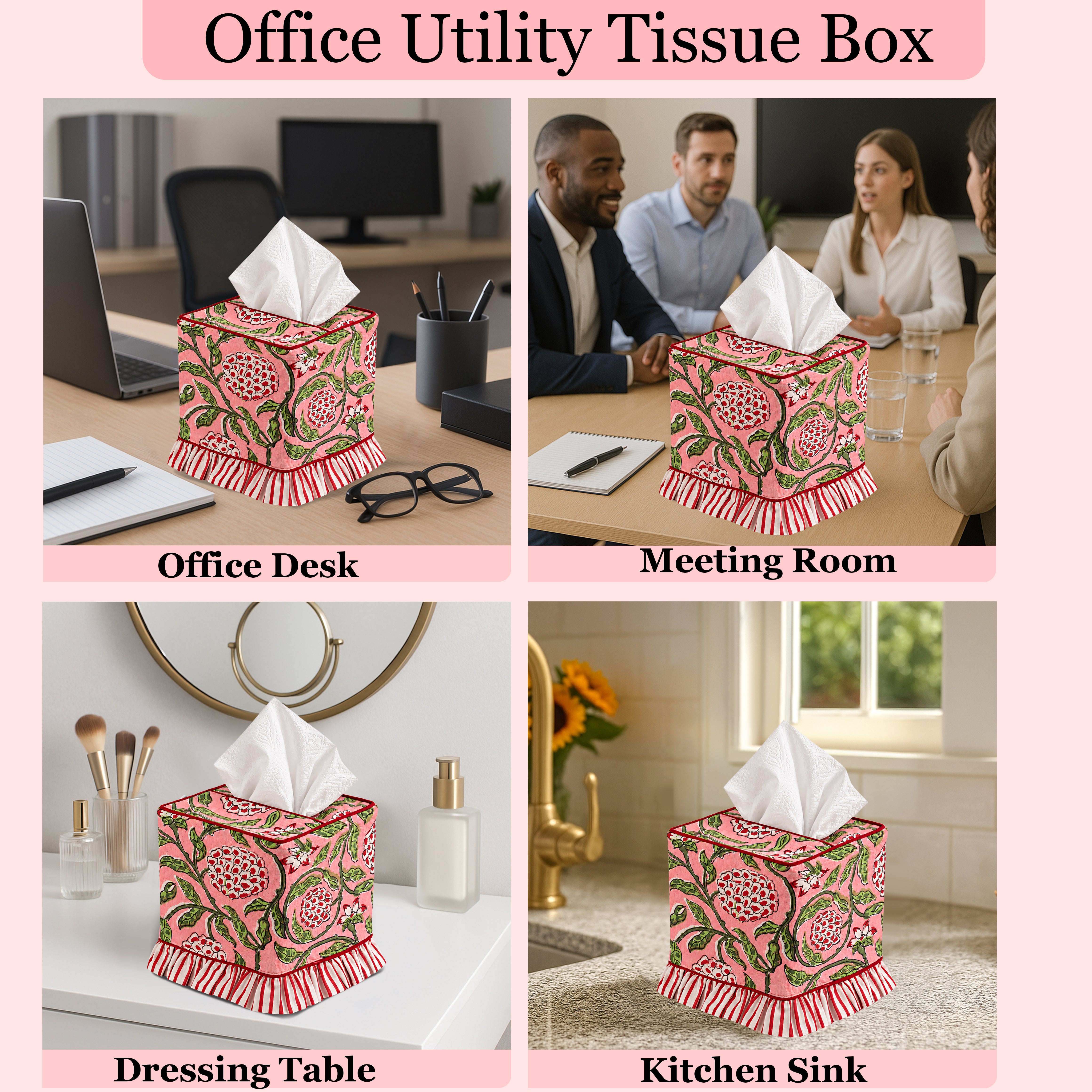 Block Print Ruffle Tissue Box Cover - Strawberry Pink