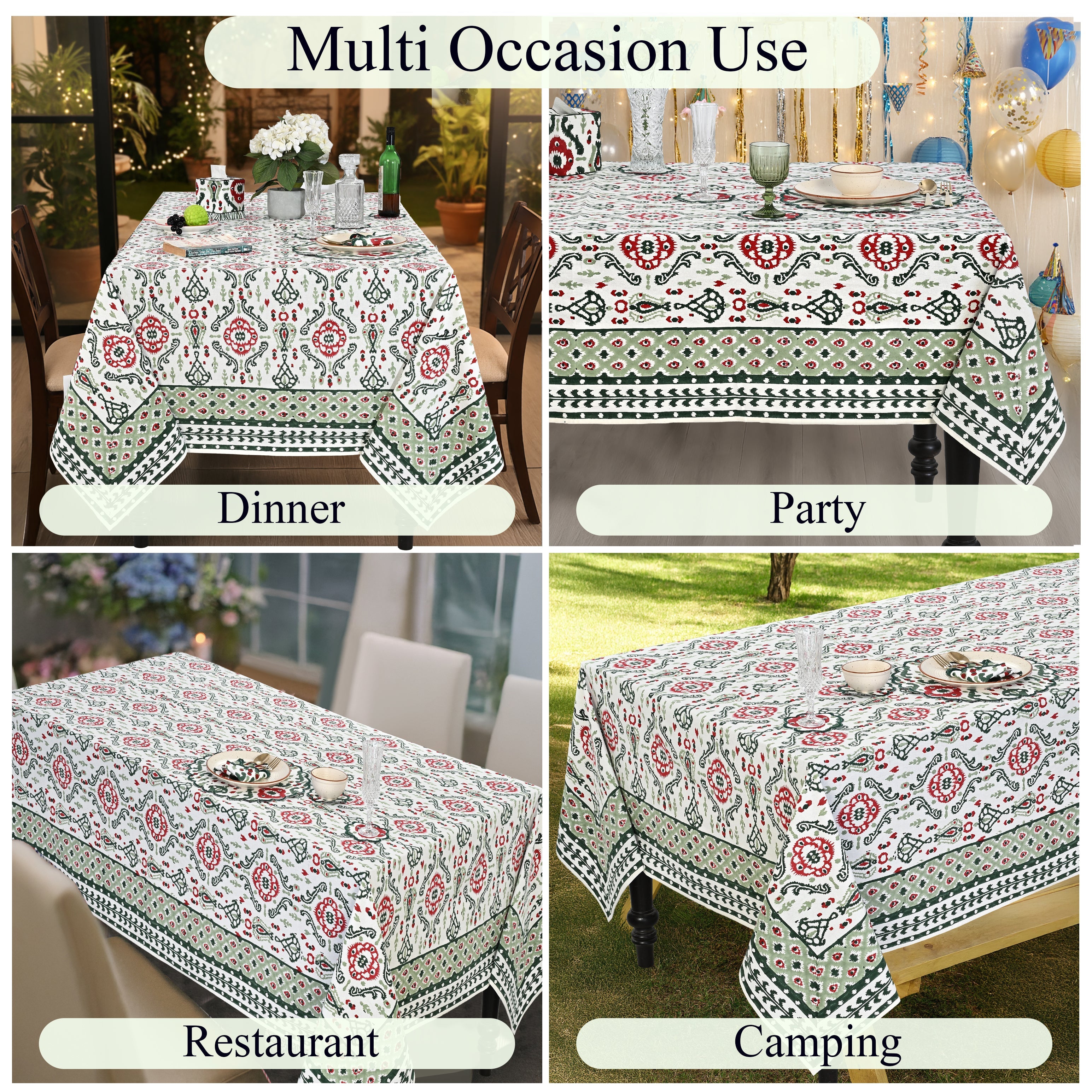 Evergreen Ikat & Red Square & Rectangle Tablecloth Ridhi Block Print