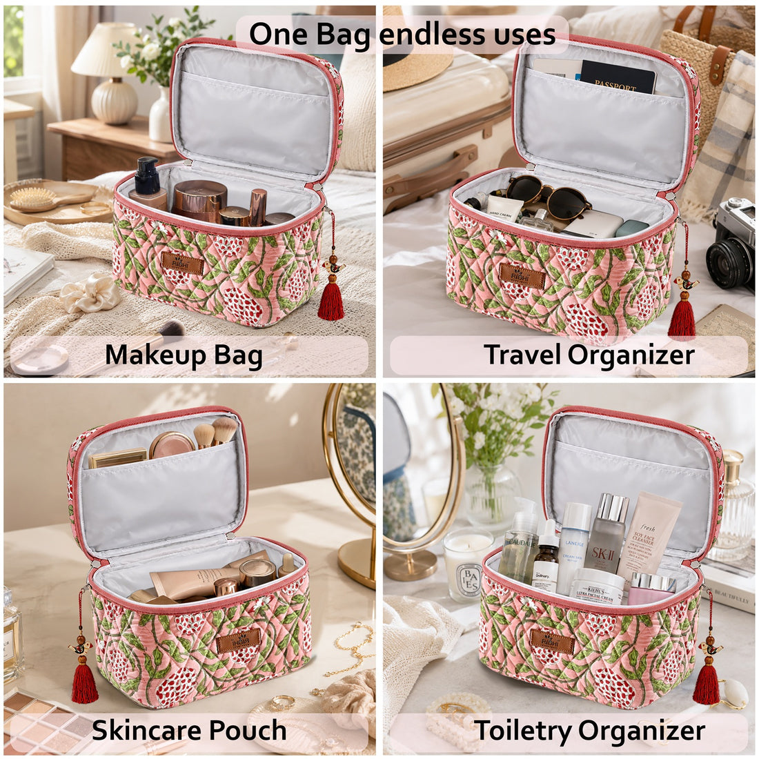 Strawberry Pink Block Print Quilted Cosmetic Bag