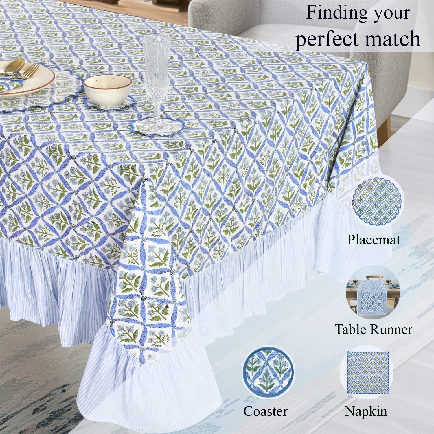 Light Steel Blue Ruffle Rectangle Tablecloth Ridhi Block Print