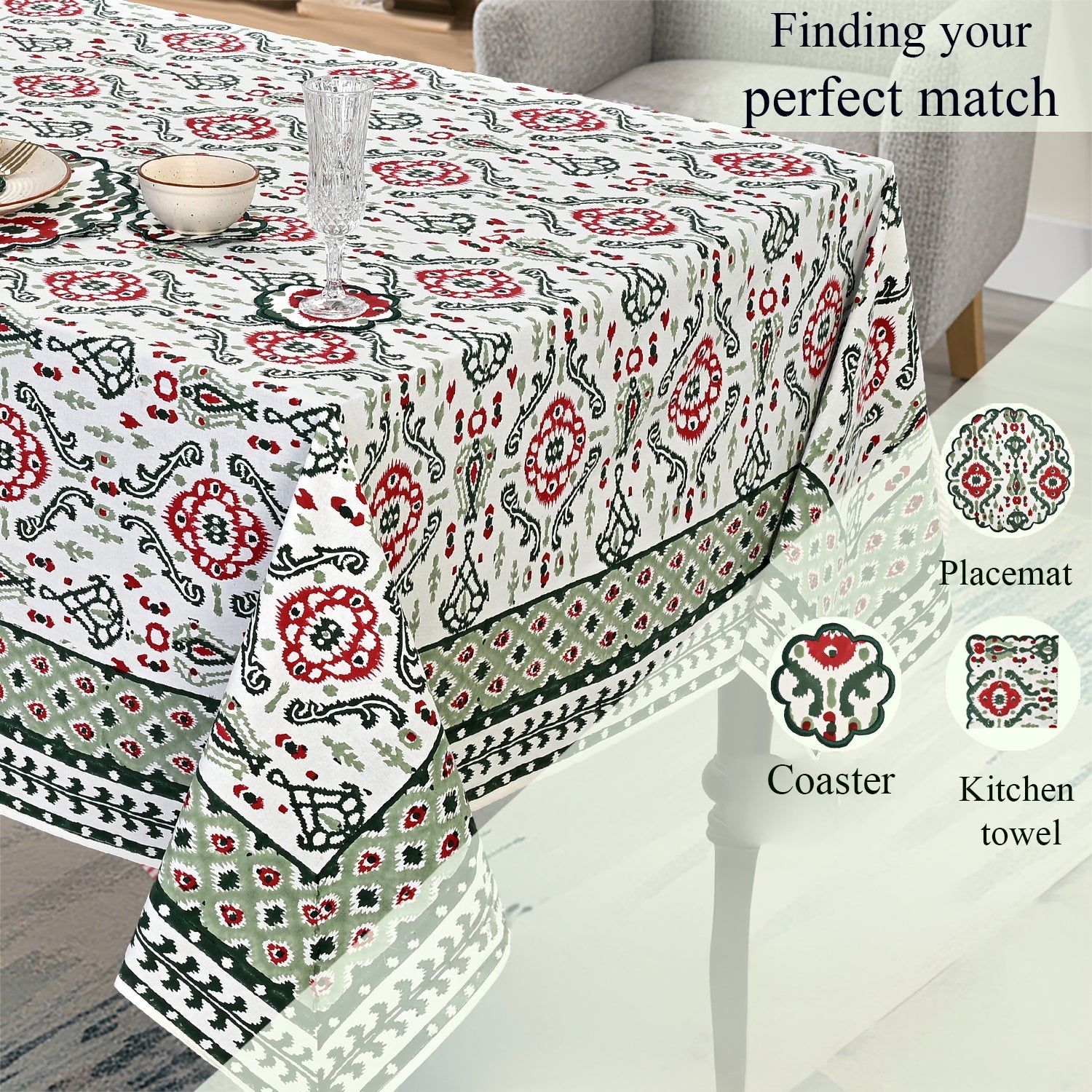 Evergreen Ikat & Red Square & Rectangle Tablecloth Ridhi Block Print