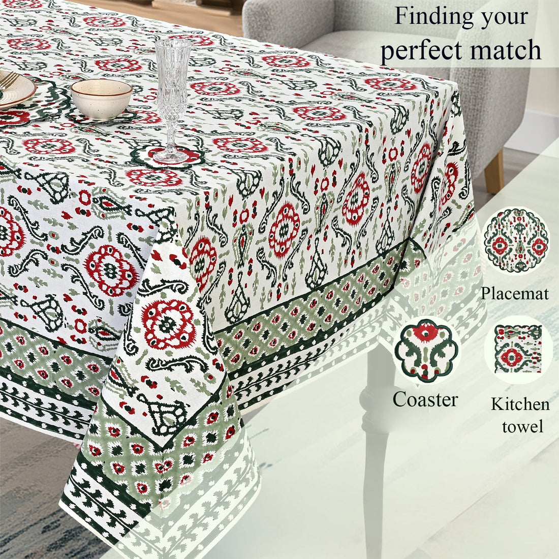 Evergreen Ikat & Red Square & Rectangle Tablecloth Ridhi Block Print
