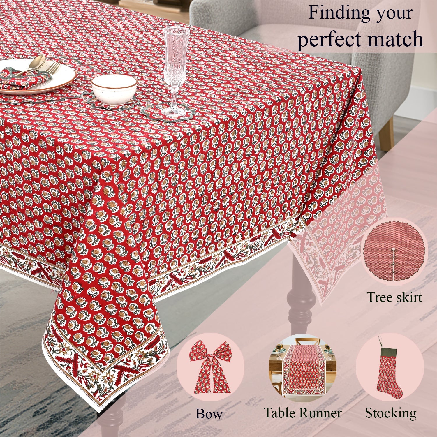 Choclate Cosmos Red Rectangle Tablecloth Ridhi Block Print