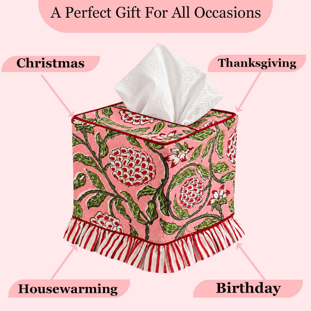 Block Print Ruffle Tissue Box Cover - Strawberry Pink