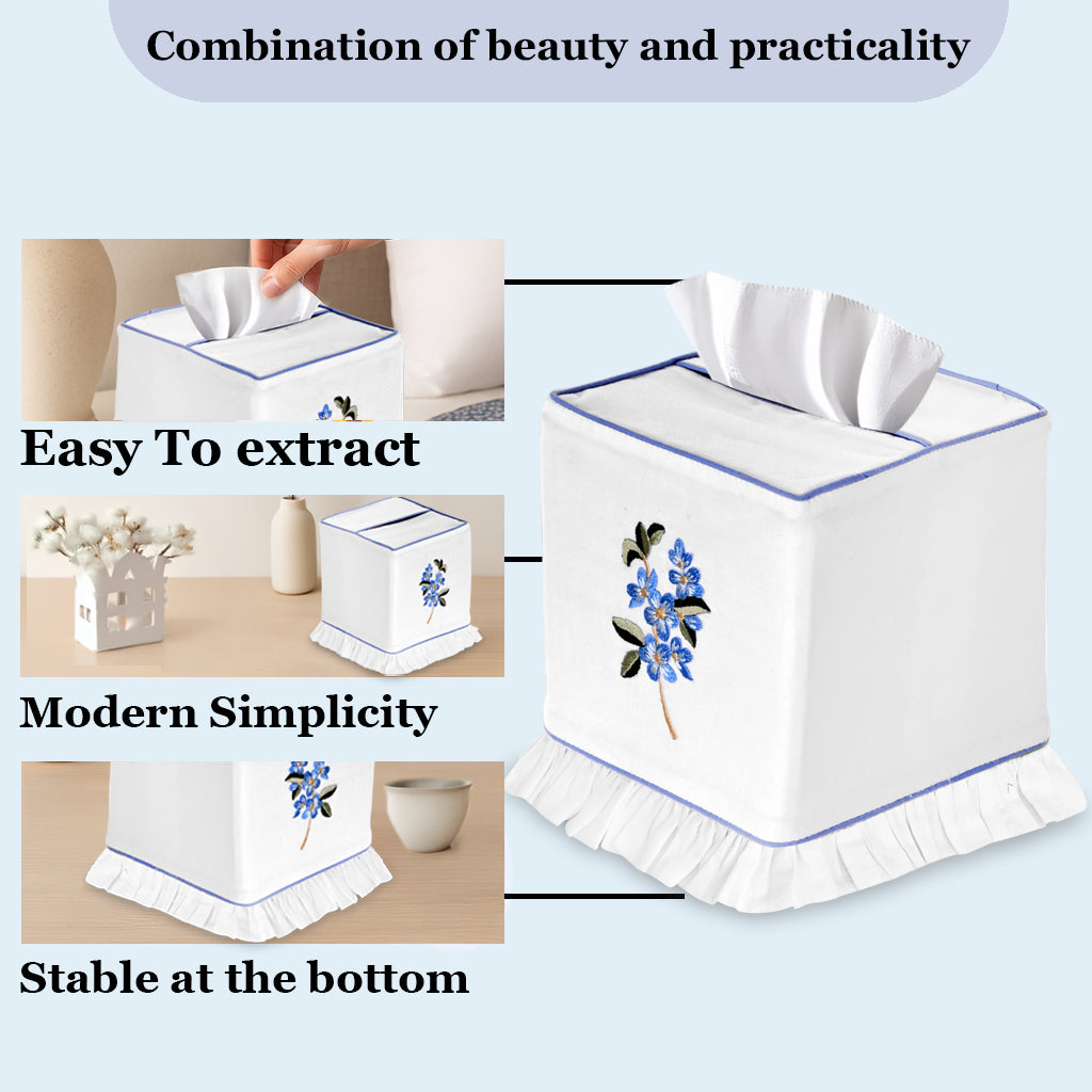 Tissue box with floral design and text highlighting features on a light blue background