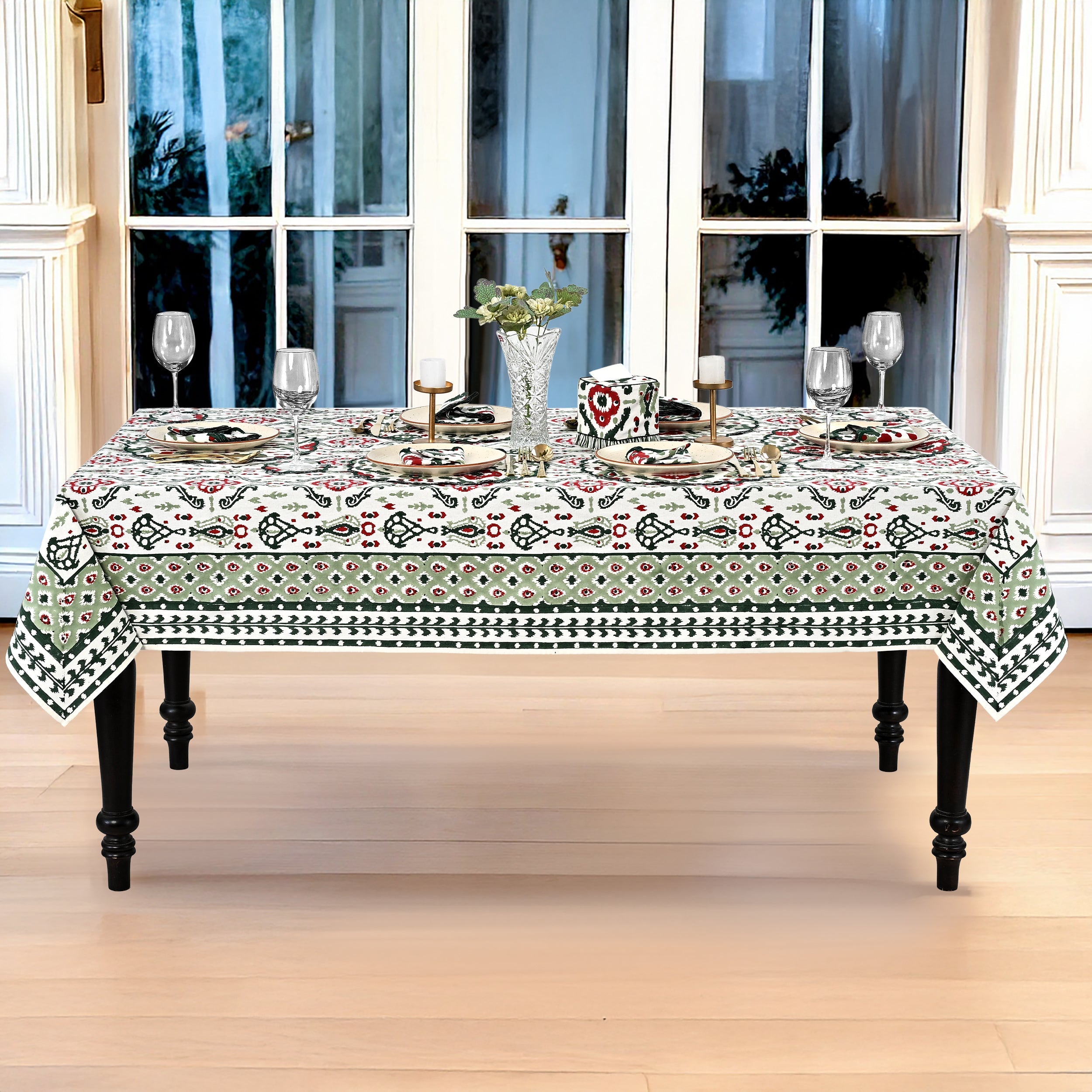 Evergreen Ikat & Red Square & Rectangle Tablecloth Ridhi Block Print