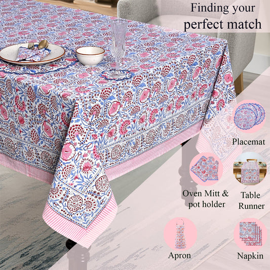 Pigeon Blue and Flamingo Pink Rectangle Tablecloth Ridhi Block Print
