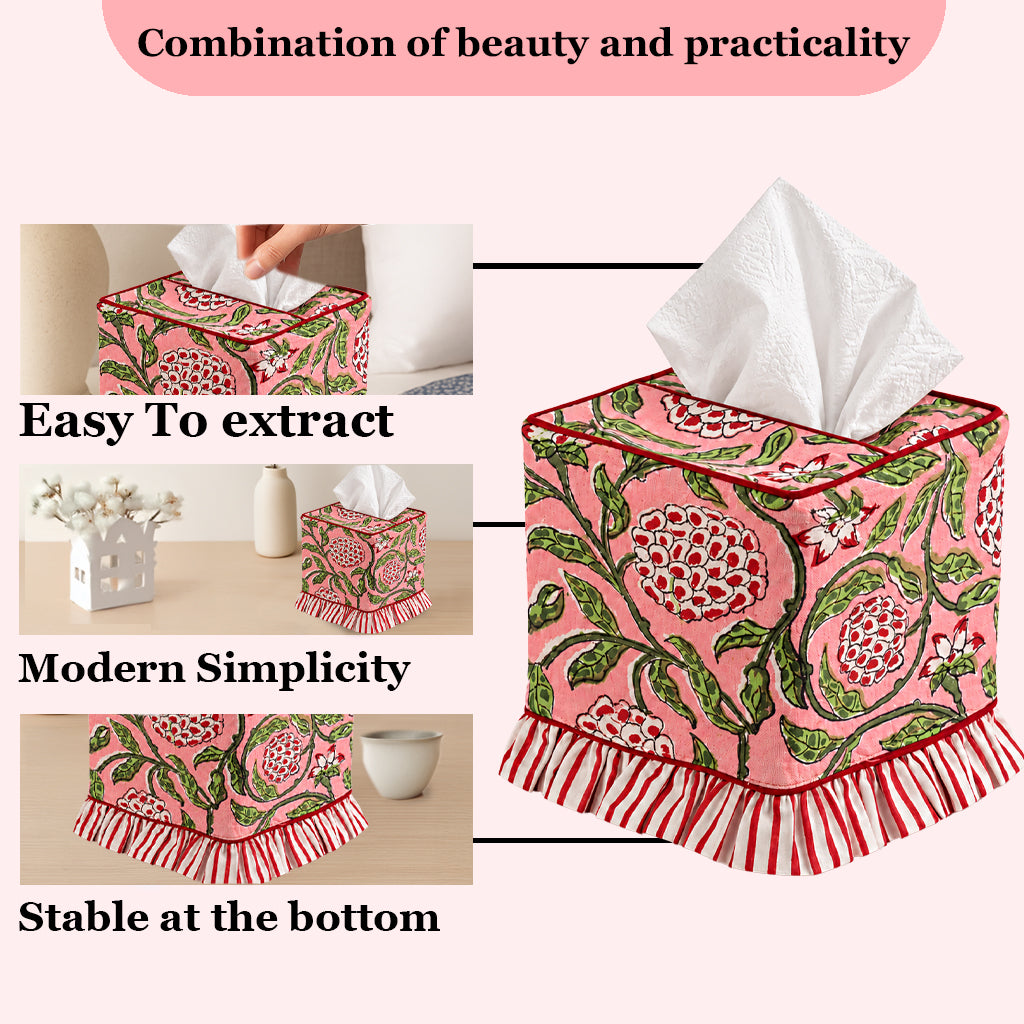 Block Print Ruffle Tissue Box Cover - Strawberry Pink