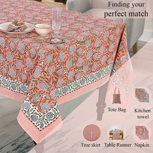 Dark Salmon Pink Square & Rectangle Tablecloth Ridhi Block Print