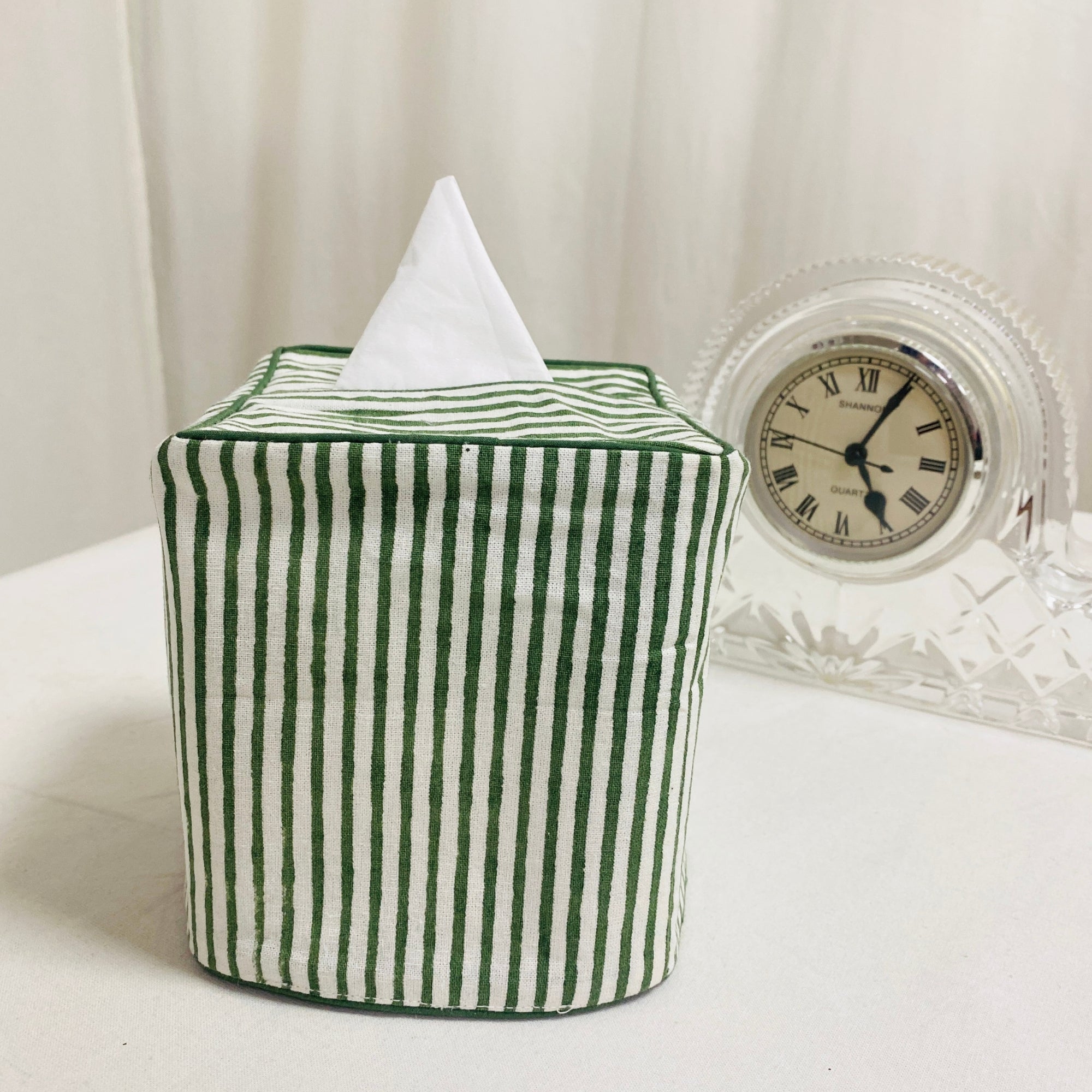 Forest Green Striped Tissue Box Cover Ridhi Block Print