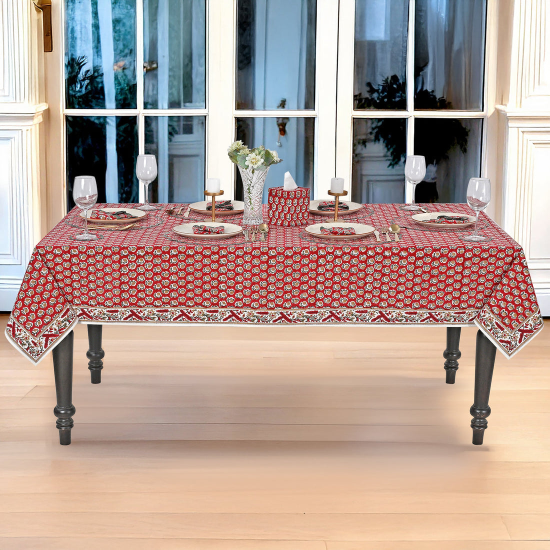 Chocolate Cosmos Red Square & Rectangle Tablecloth Ridhi Block Print