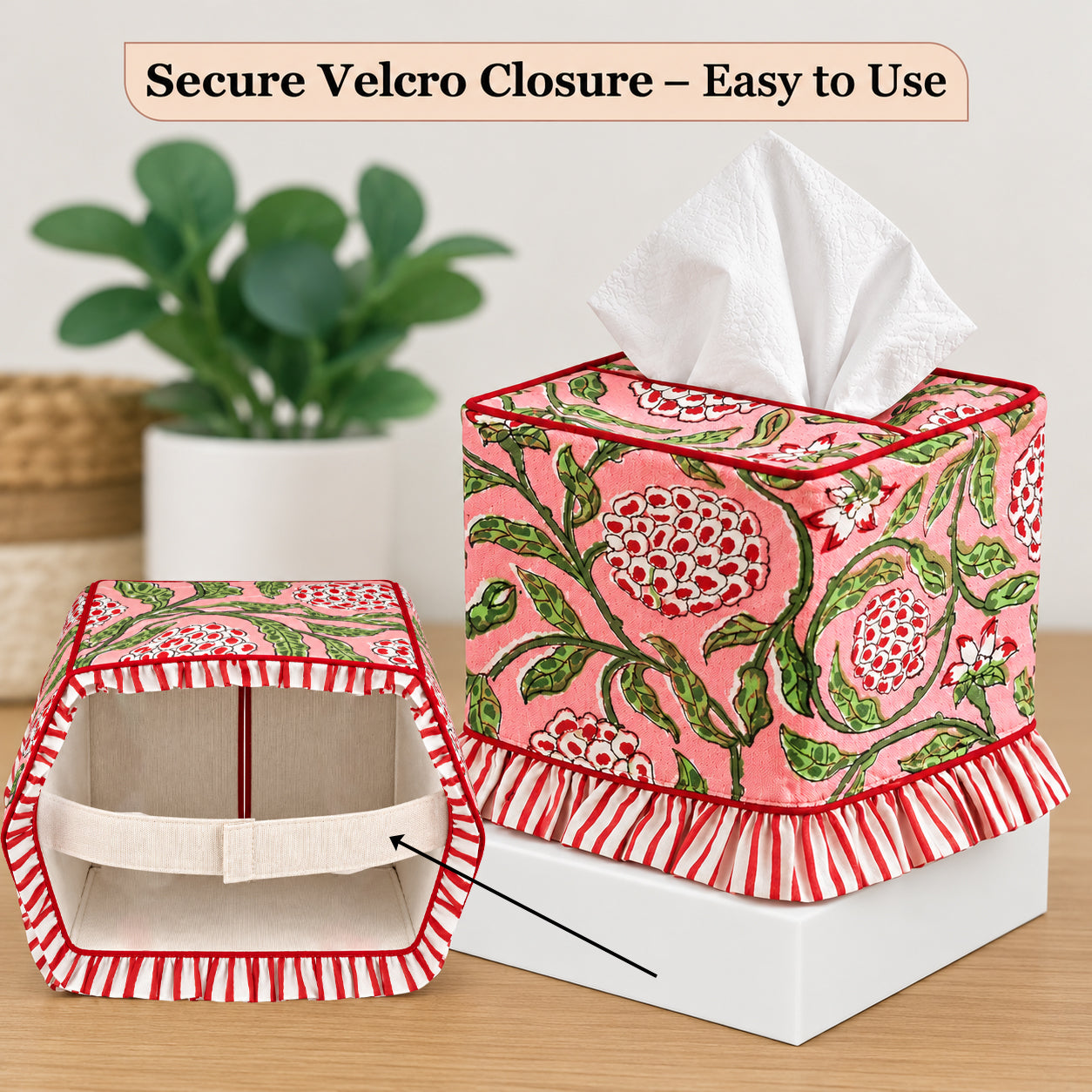 Block Print Ruffle Tissue Box Cover - Strawberry Pink
