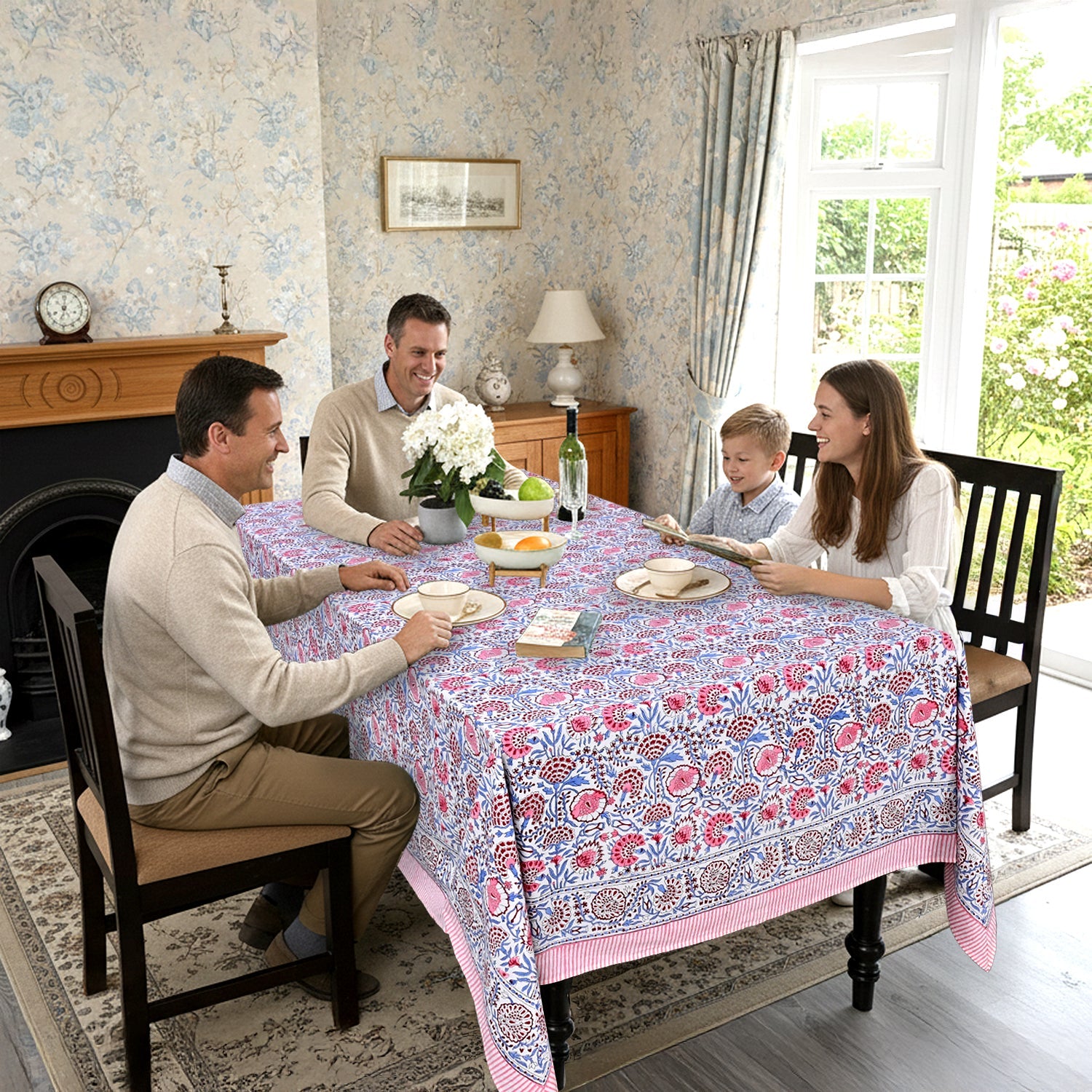 Pigeon Blue and Flamingo Pink Rectangle Tablecloth Ridhi Block Print