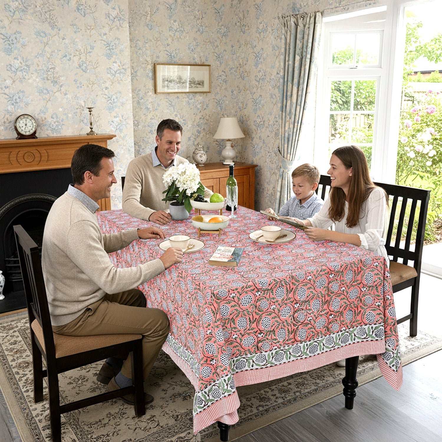 Dark Salmon Pink Square & Rectangle Tablecloth Ridhi Block Print