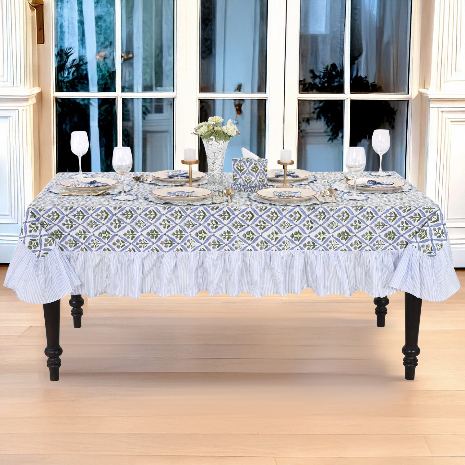 Light Steel Blue Ruffle Rectangle Tablecloth Ridhi Block Print