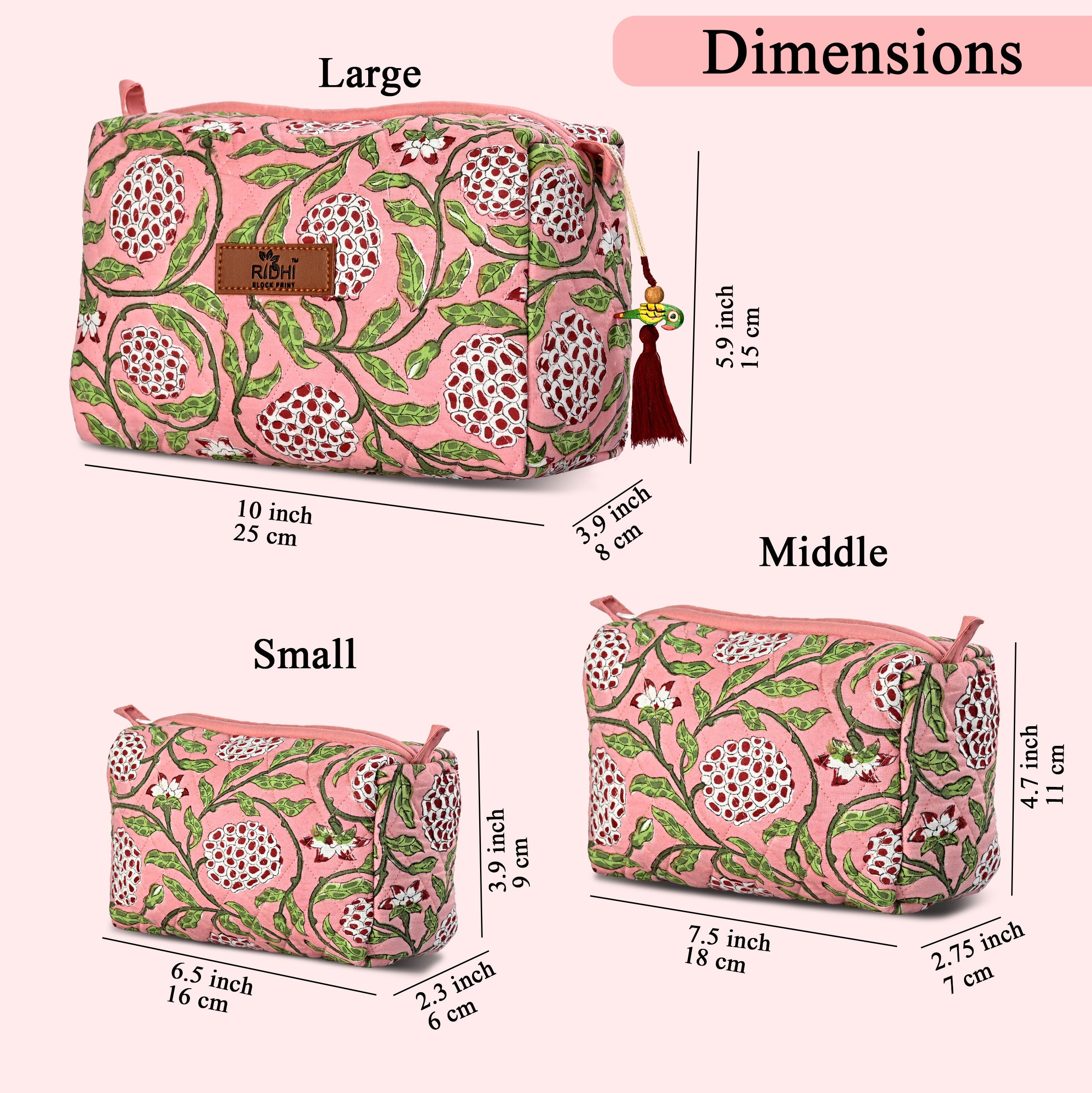 Block Print Cotton Quilted Toiletry Bag - Strawberry Pink RIDHI