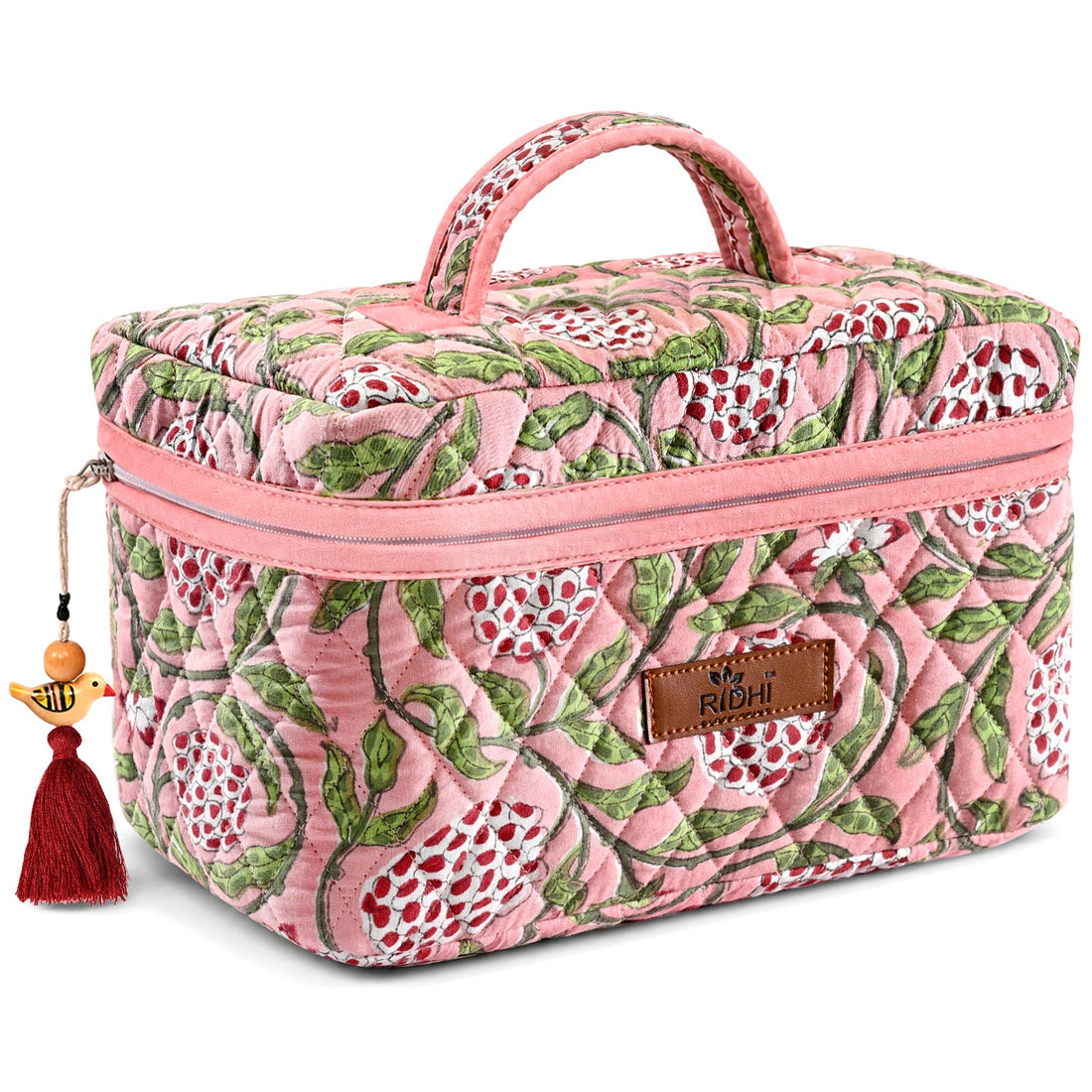 Strawberry Pink Block Print Quilted Cosmetic Bag RIDHI