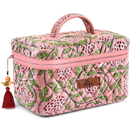 Strawberry Pink Block Print Quilted Cosmetic Bag RIDHI