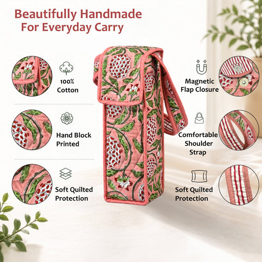 Strawberry Pink Block Print Quilted Water Bottle Holder Bag RIDHI